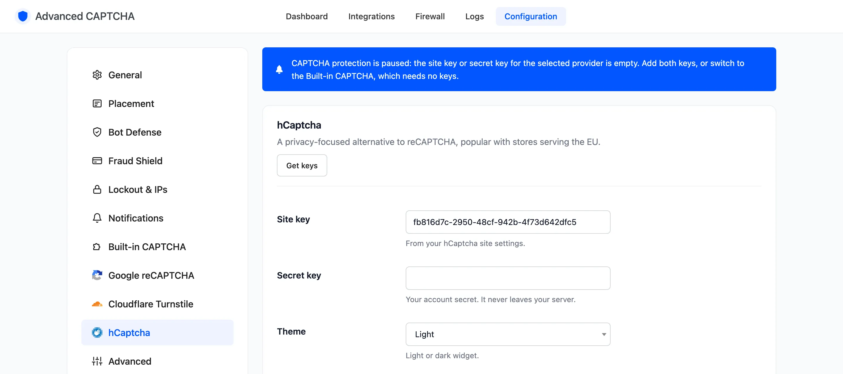 The paused-protection warning on the plugin’s screens