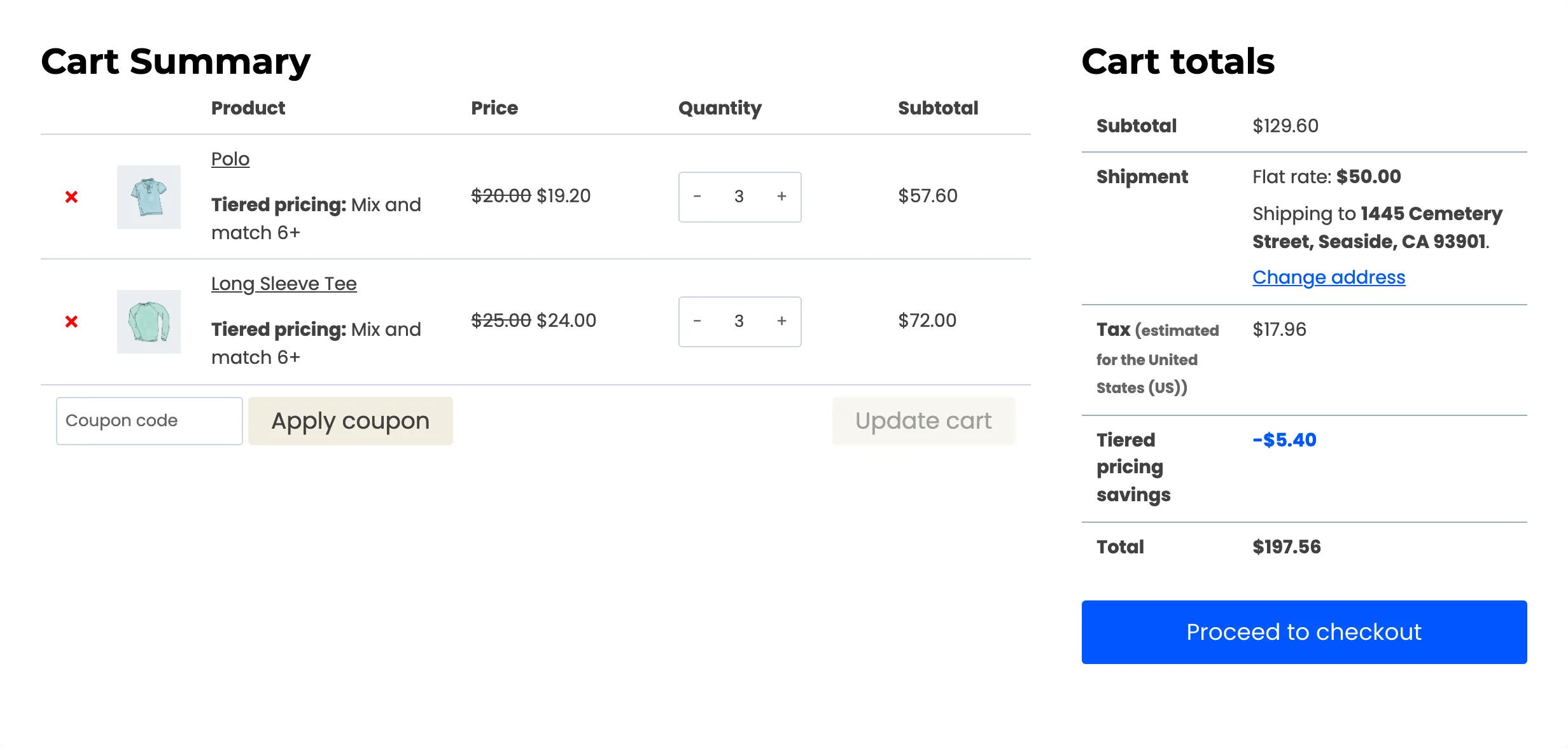 The cart with three Polos and three Long Sleeve Tees, each at the mix and match price