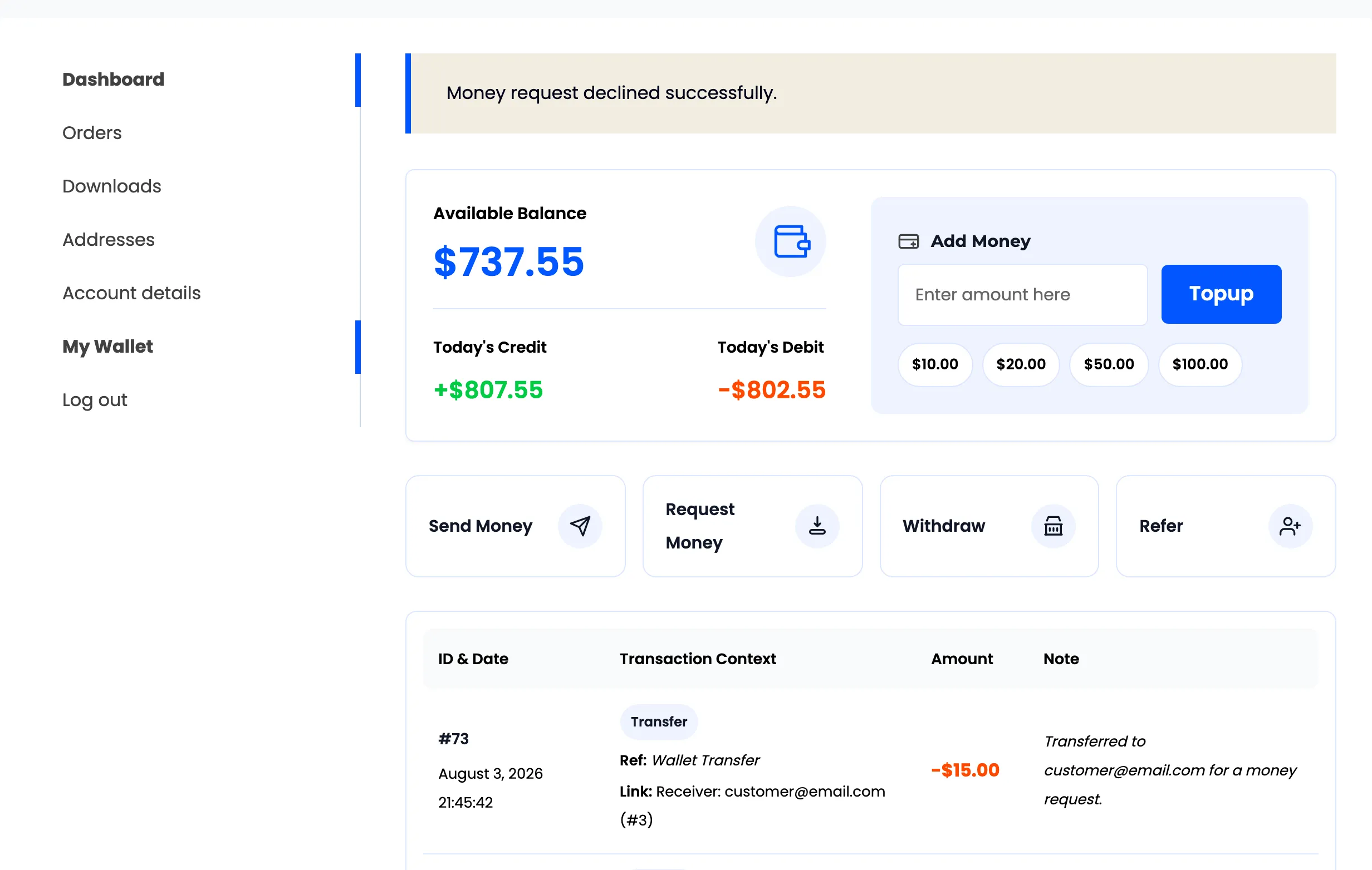 The wallet page after a request has been declined