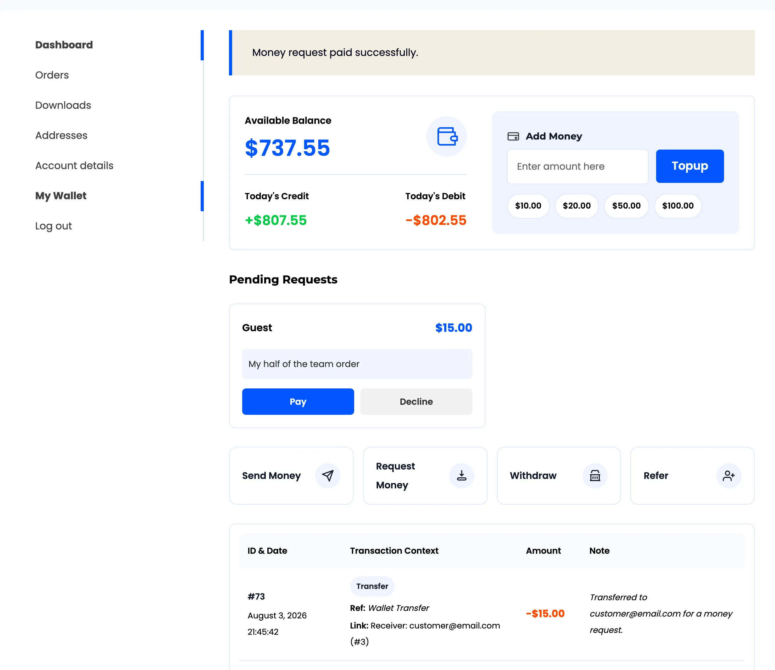 The wallet page after a request has been paid