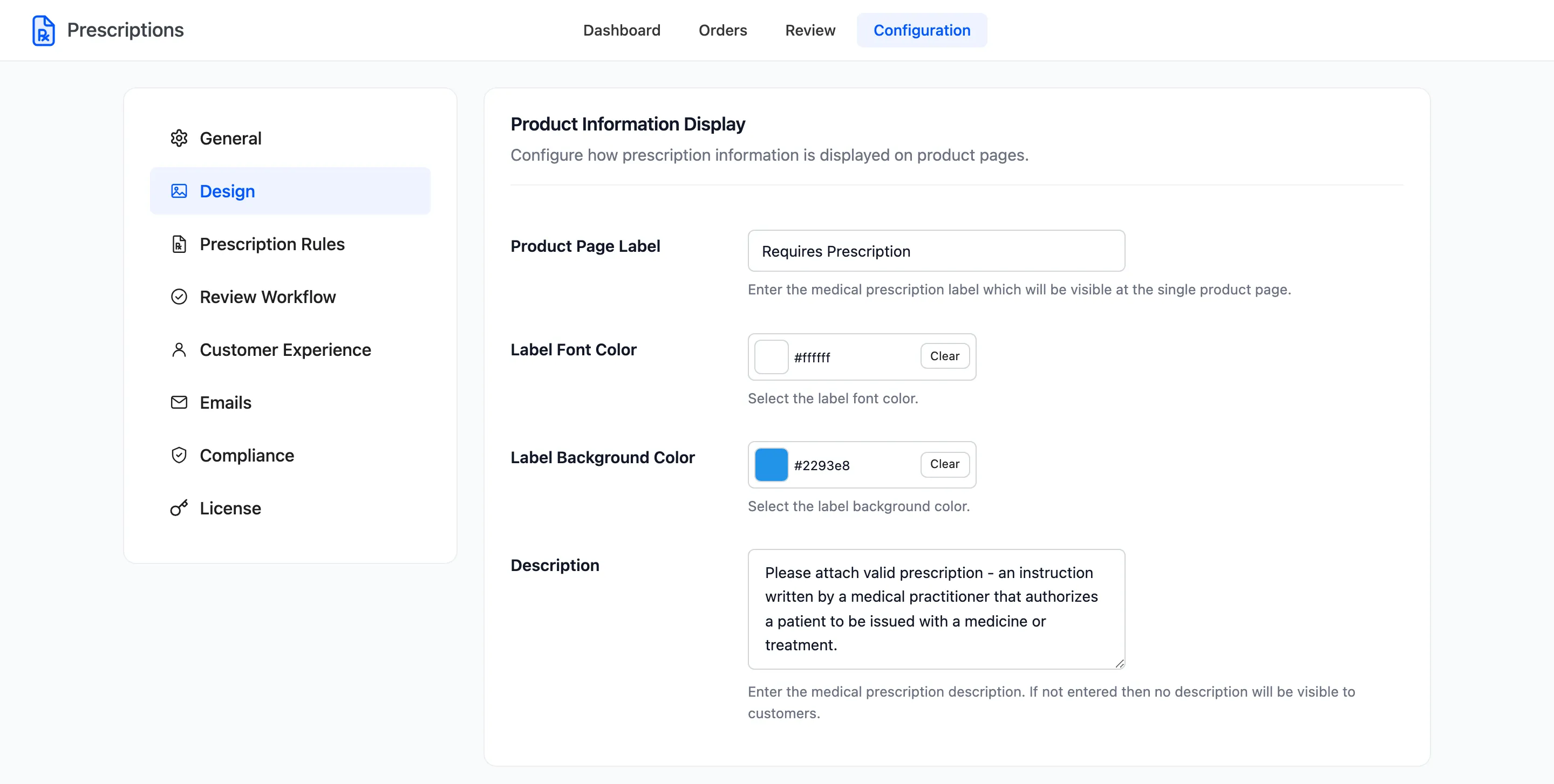 The Design tab with the product label, its colours and the description