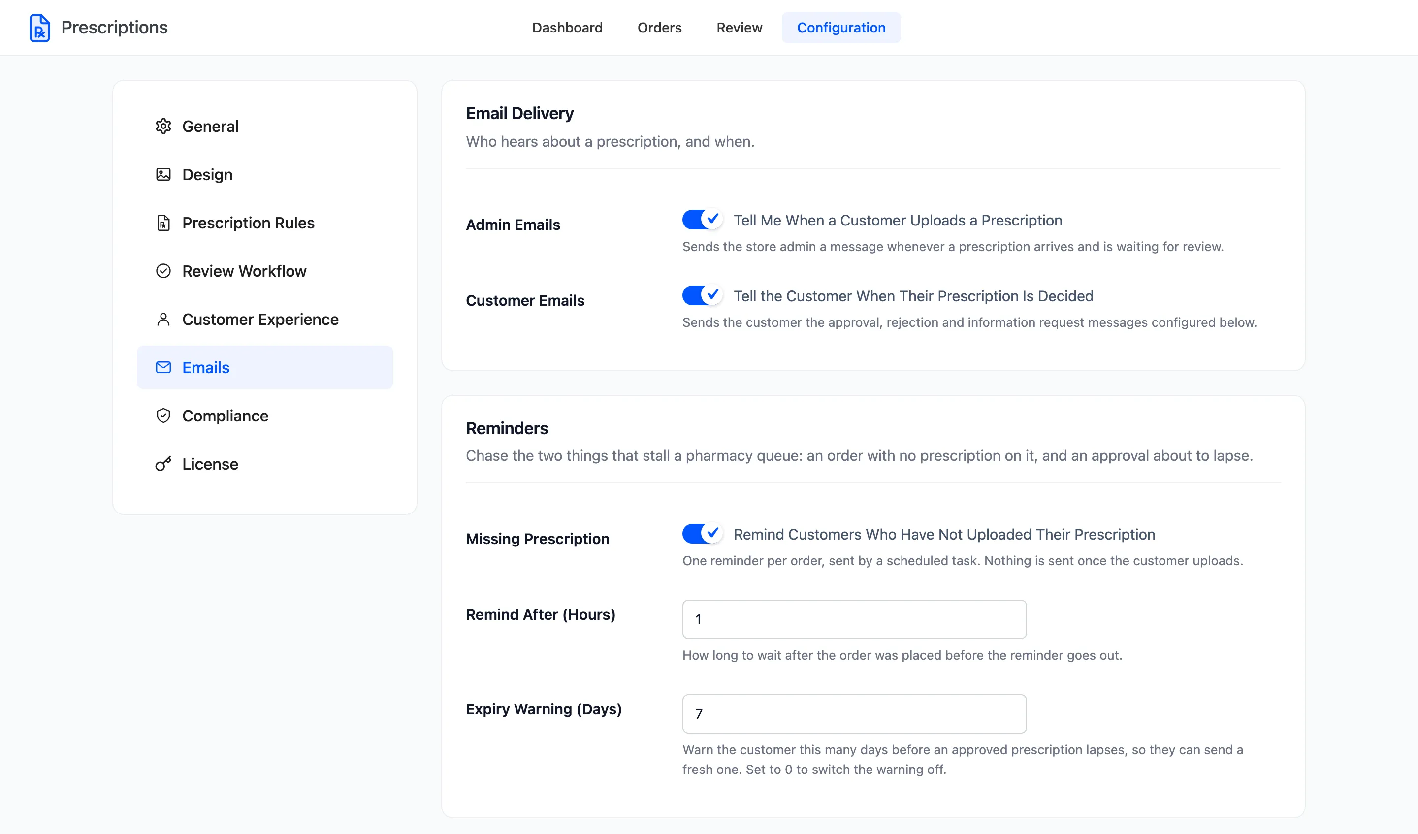 The Emails tab with the delivery switches and the reminders