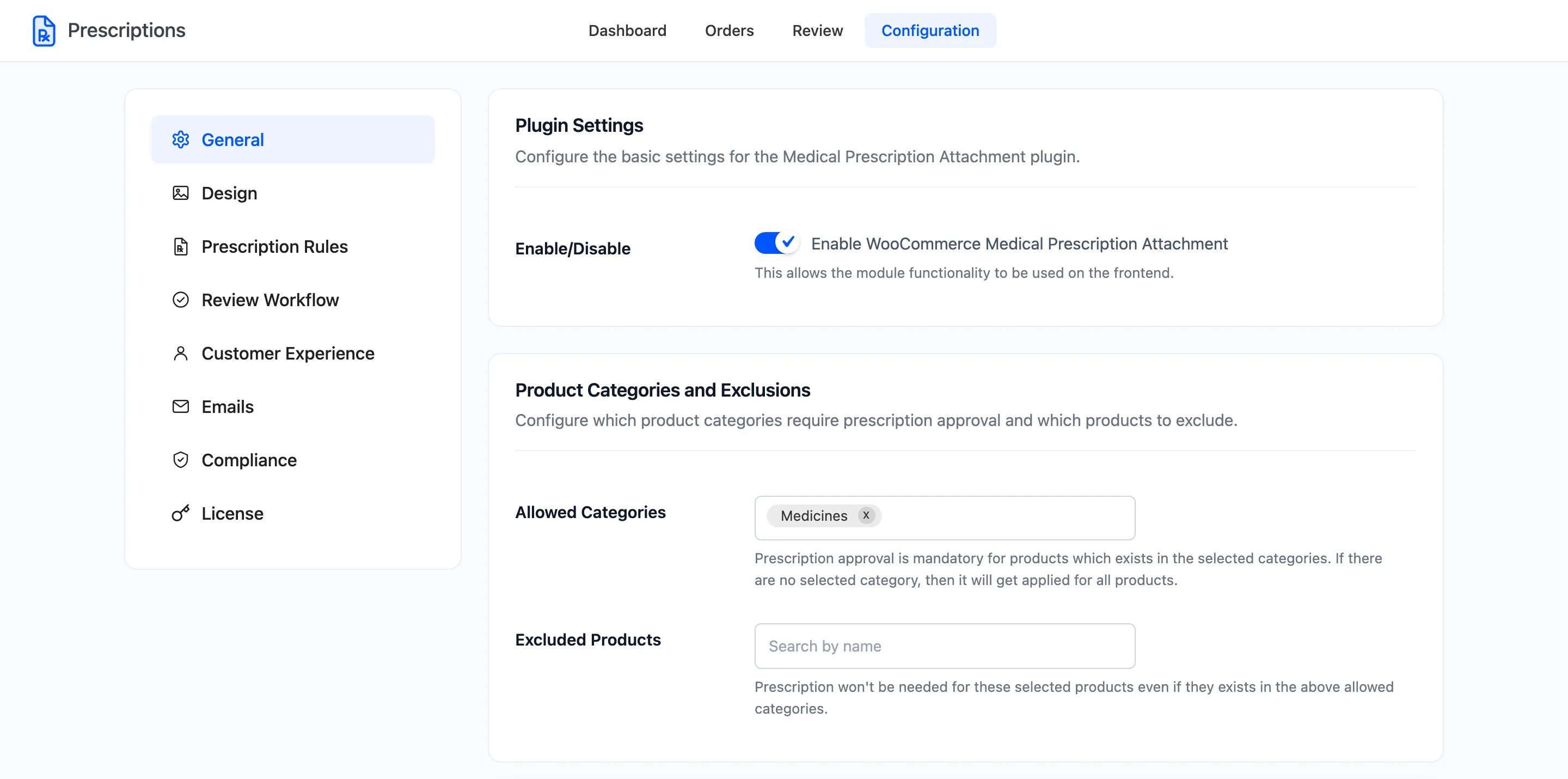 The General tab with the enable switch, Allowed Categories and Excluded Products