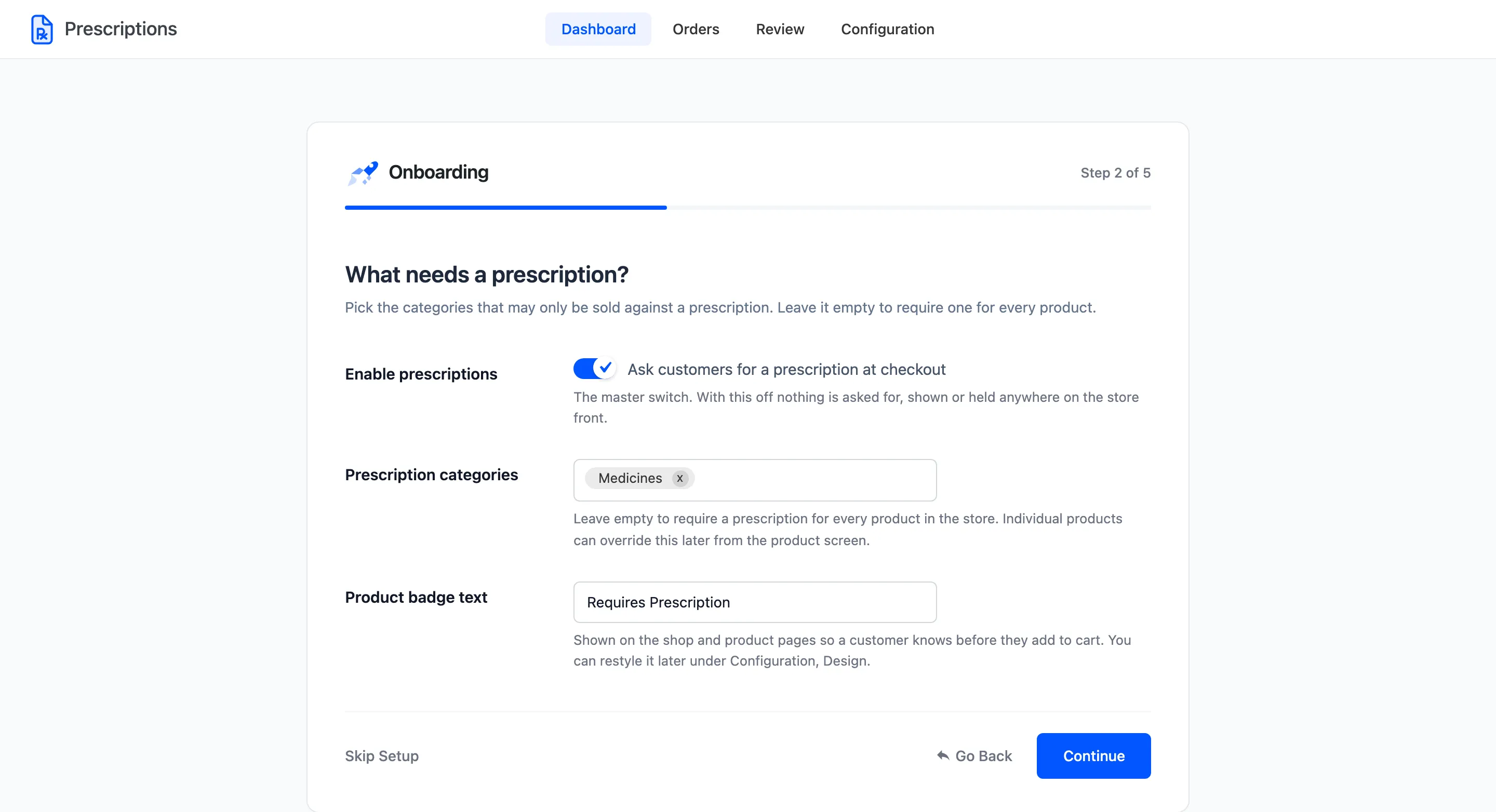 The Products step with the enable switch, the prescription categories and the badge text