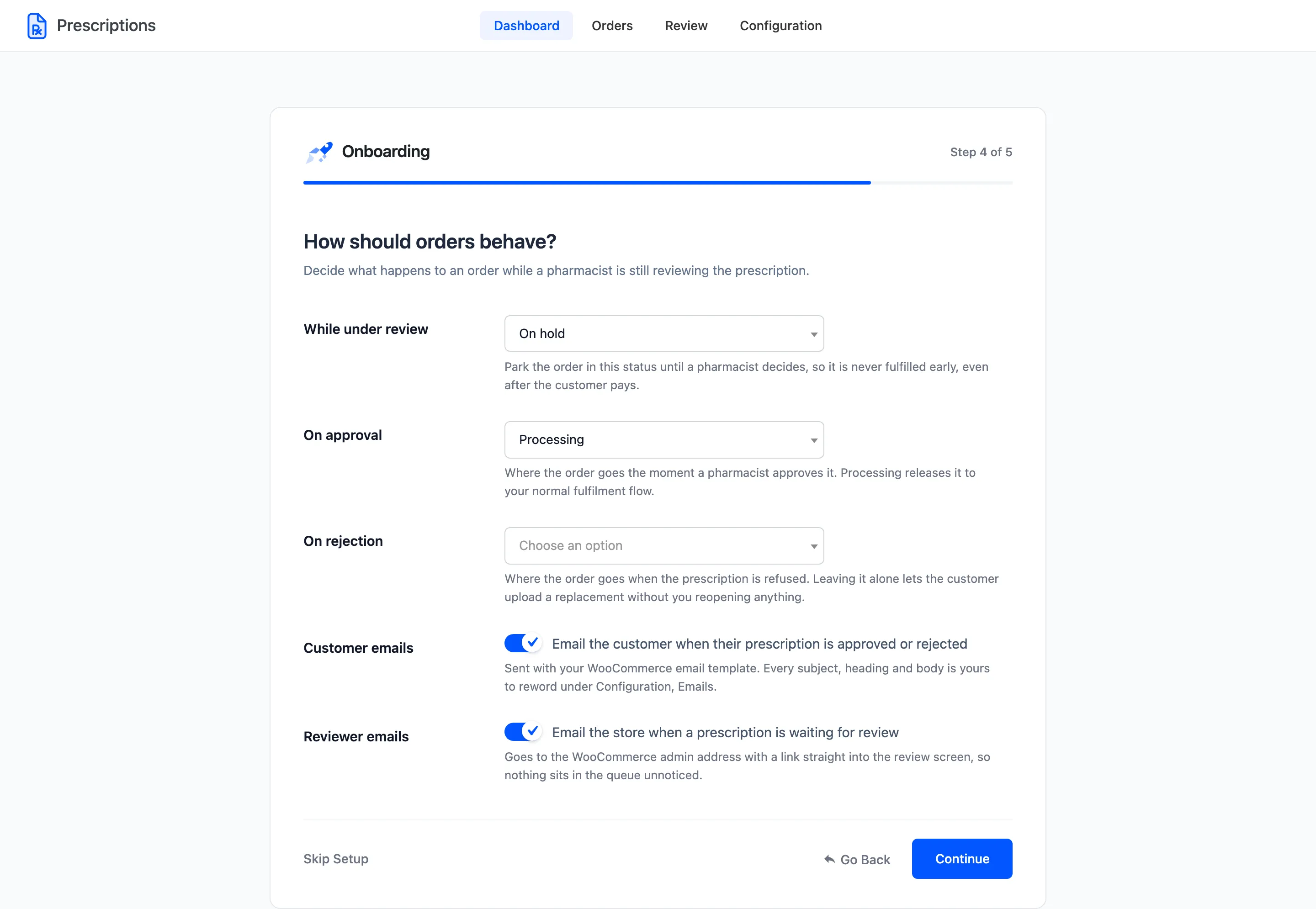 The Workflow step with the three order status choices and the two email switches
