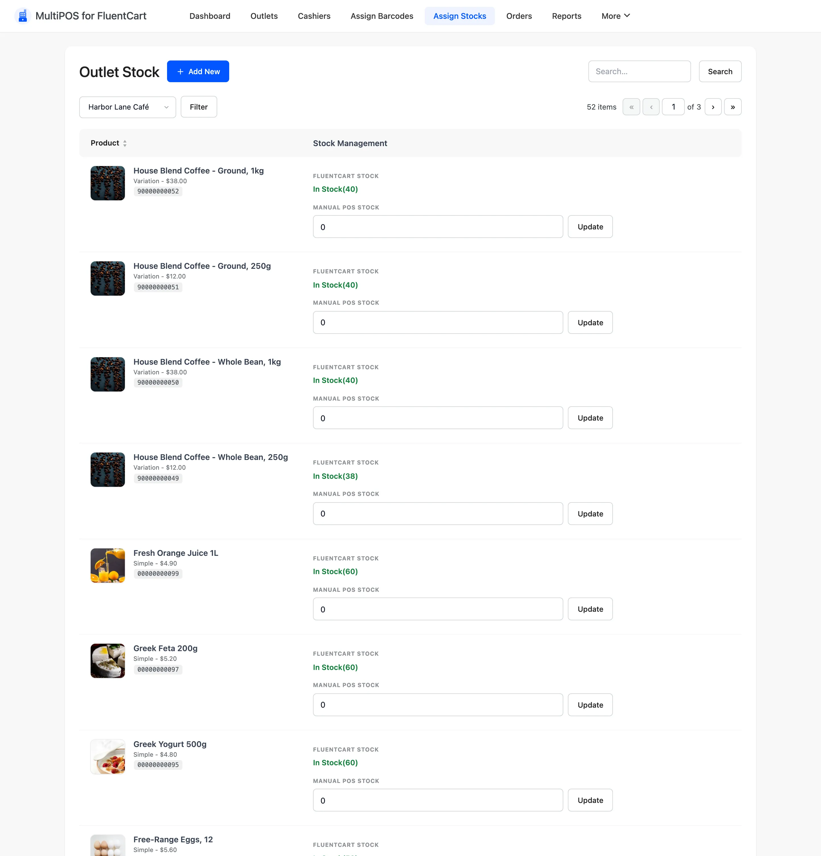 The Assign Stocks screen with a stock figure per product and outlet