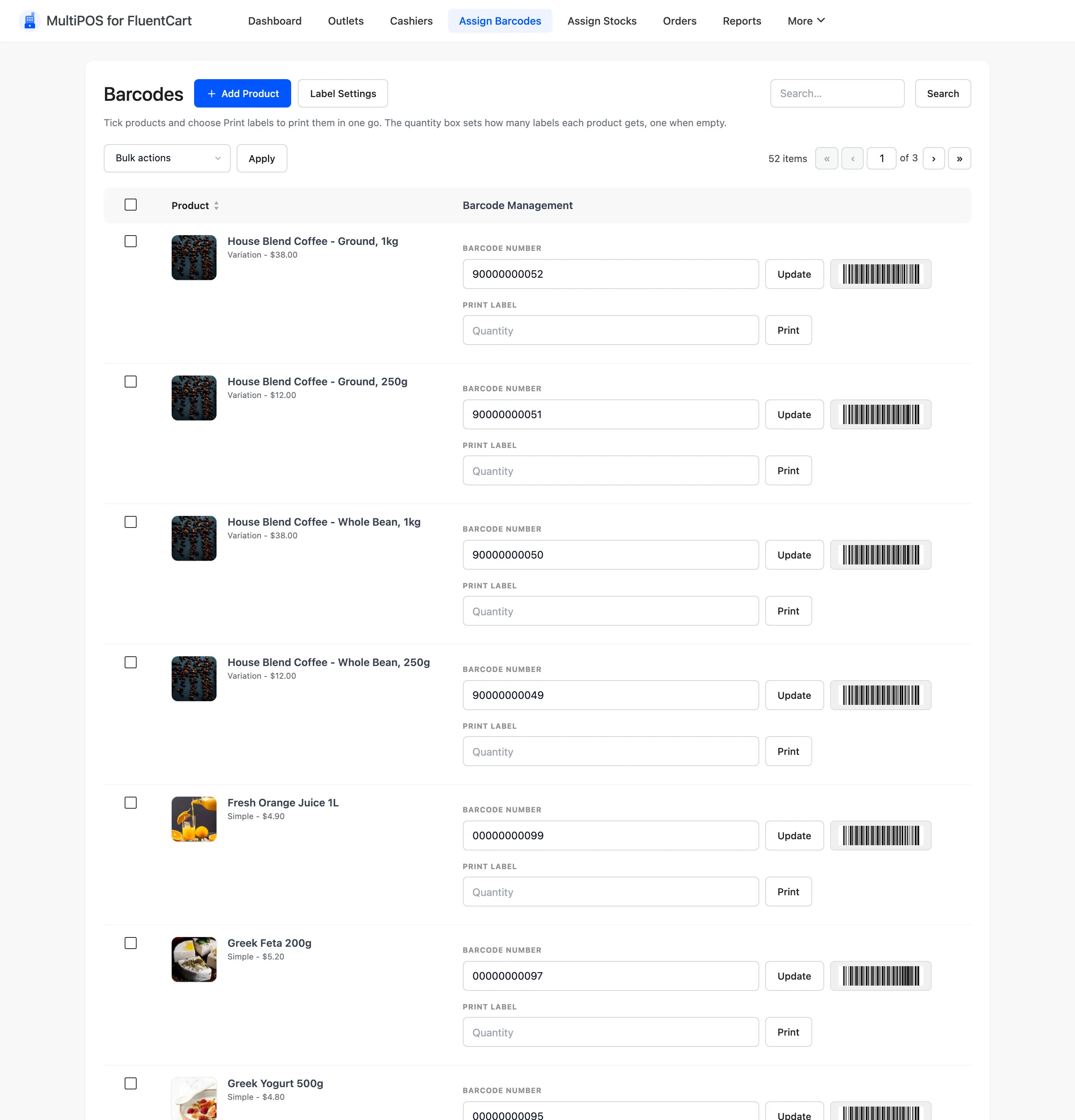 The Assign Barcodes screen with a barcode field and print controls per product