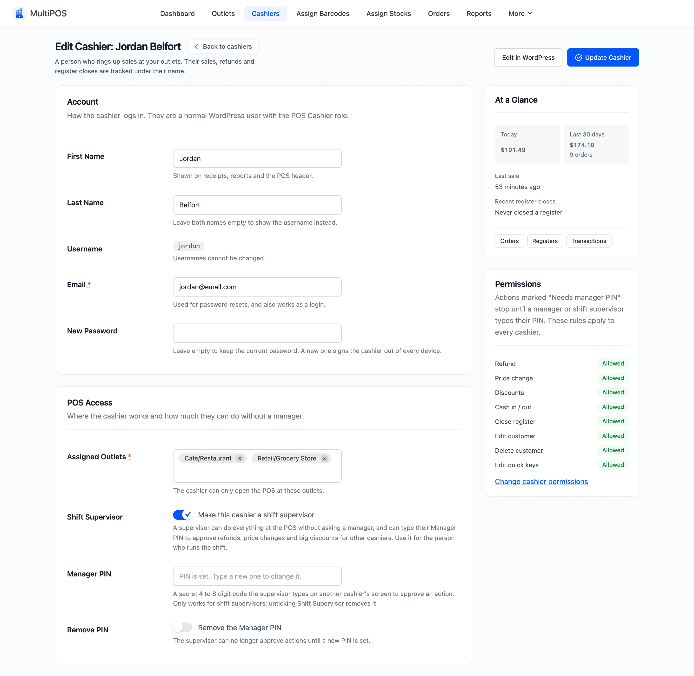 The Edit Cashier screen for Jordan Belfort with POS Access filled in, At a Glance and the Permissions panel