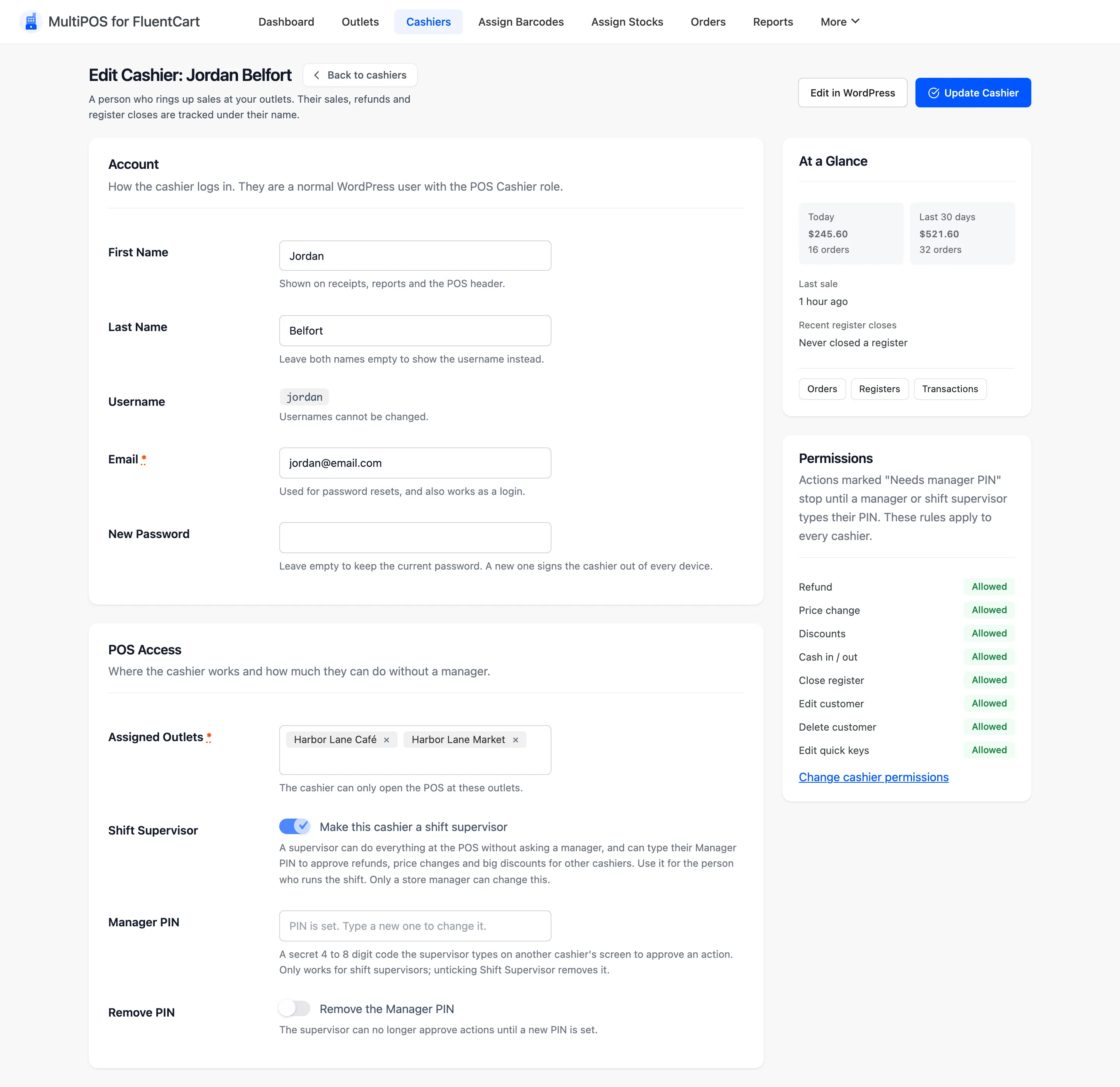 The Edit Cashier screen for Jordan Belfort with POS Access filled in, At a Glance and the Permissions panel