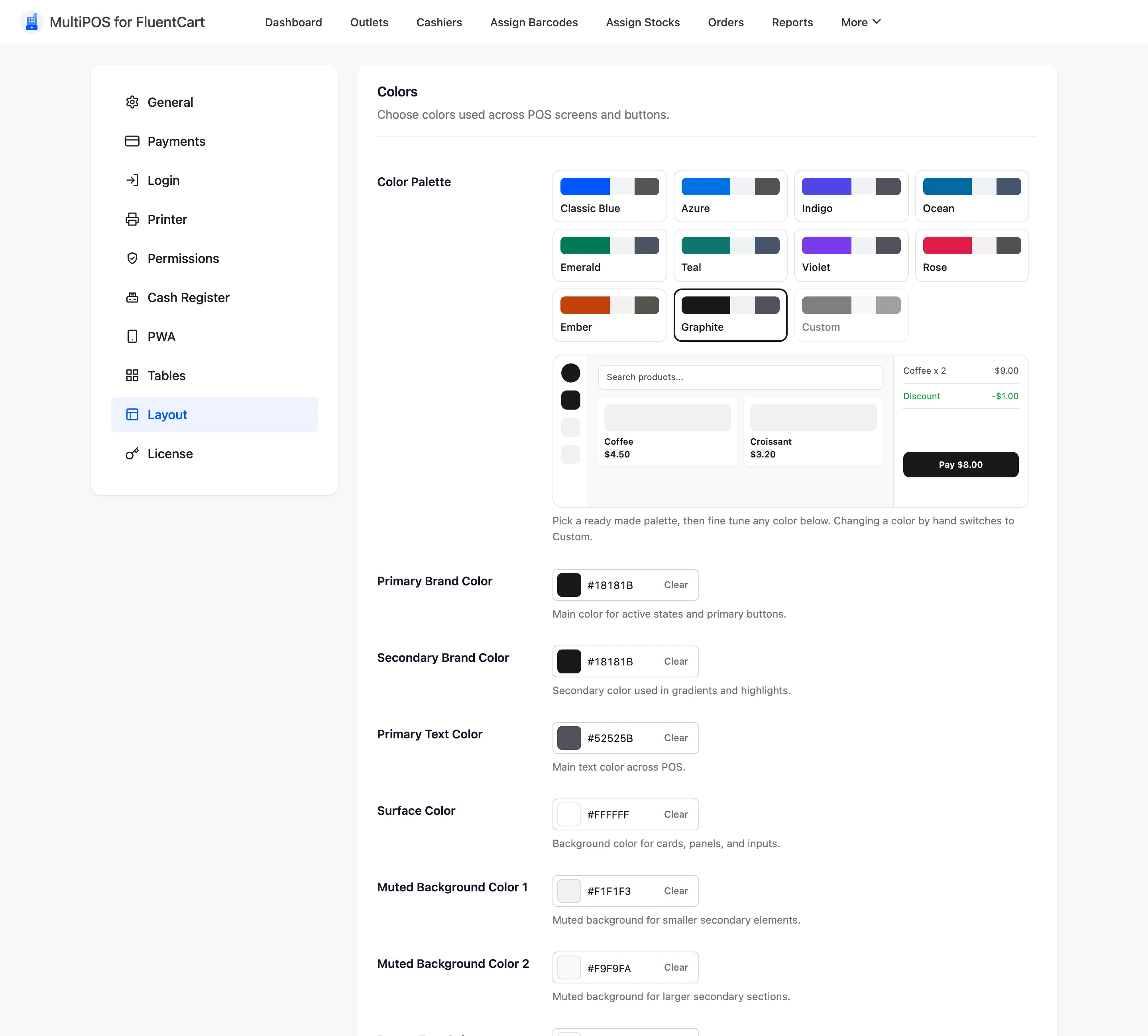 The Colors section of the layout configuration tab with nine colour pickers