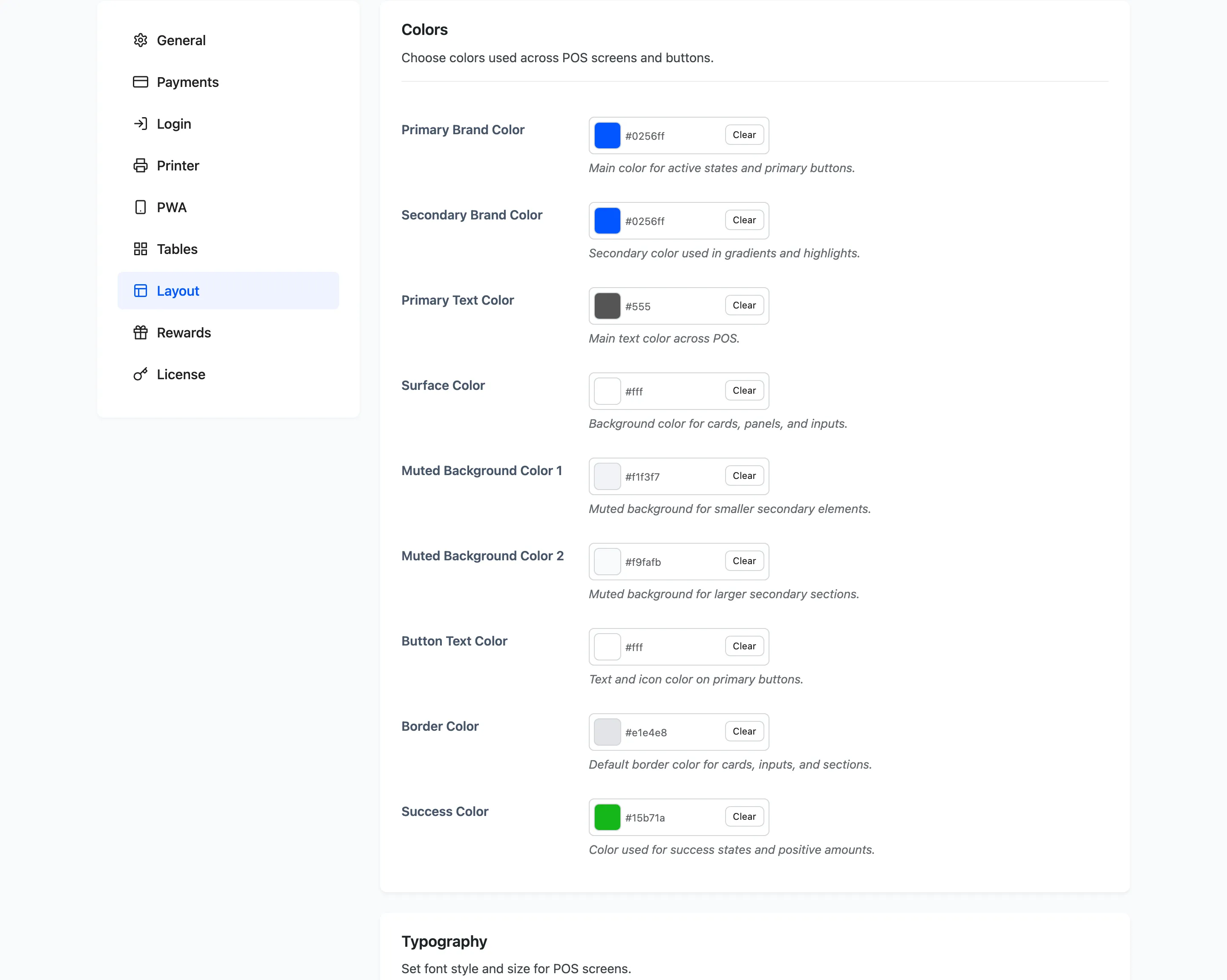 The Colors section of the layout configuration tab with nine colour pickers
