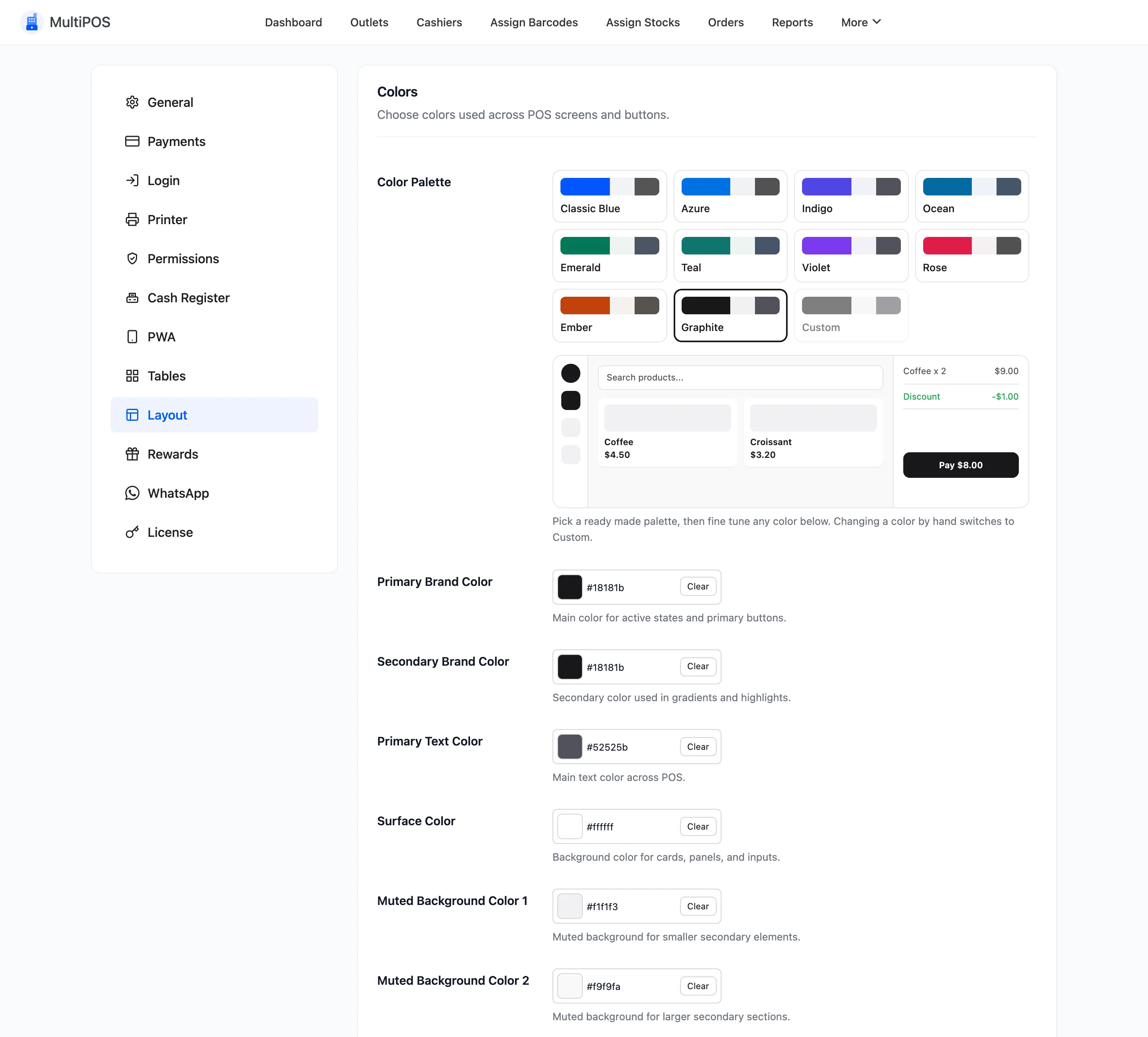 The Colors section of the layout configuration tab with nine colour pickers