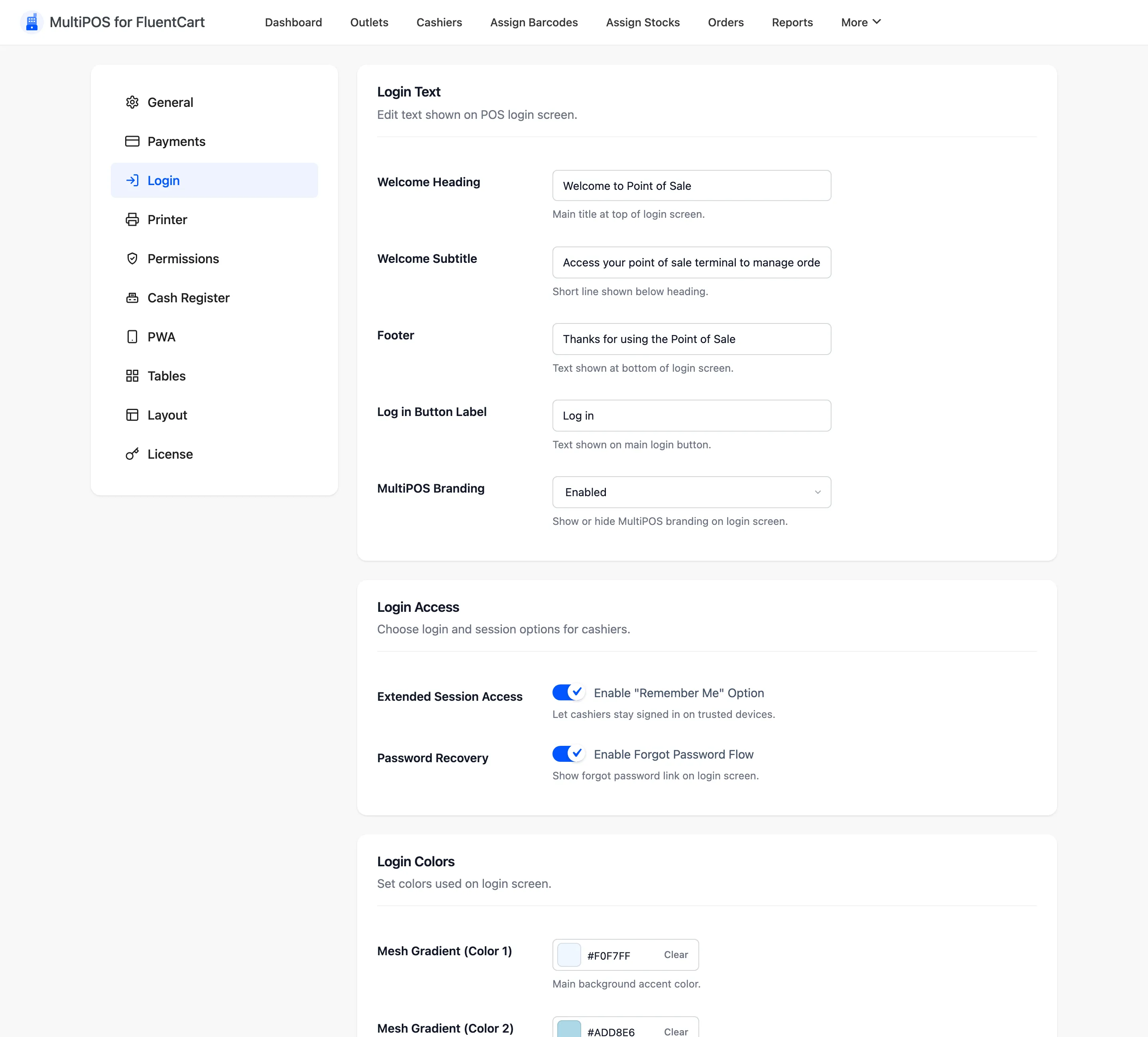 The Login Text section of the login configuration tab