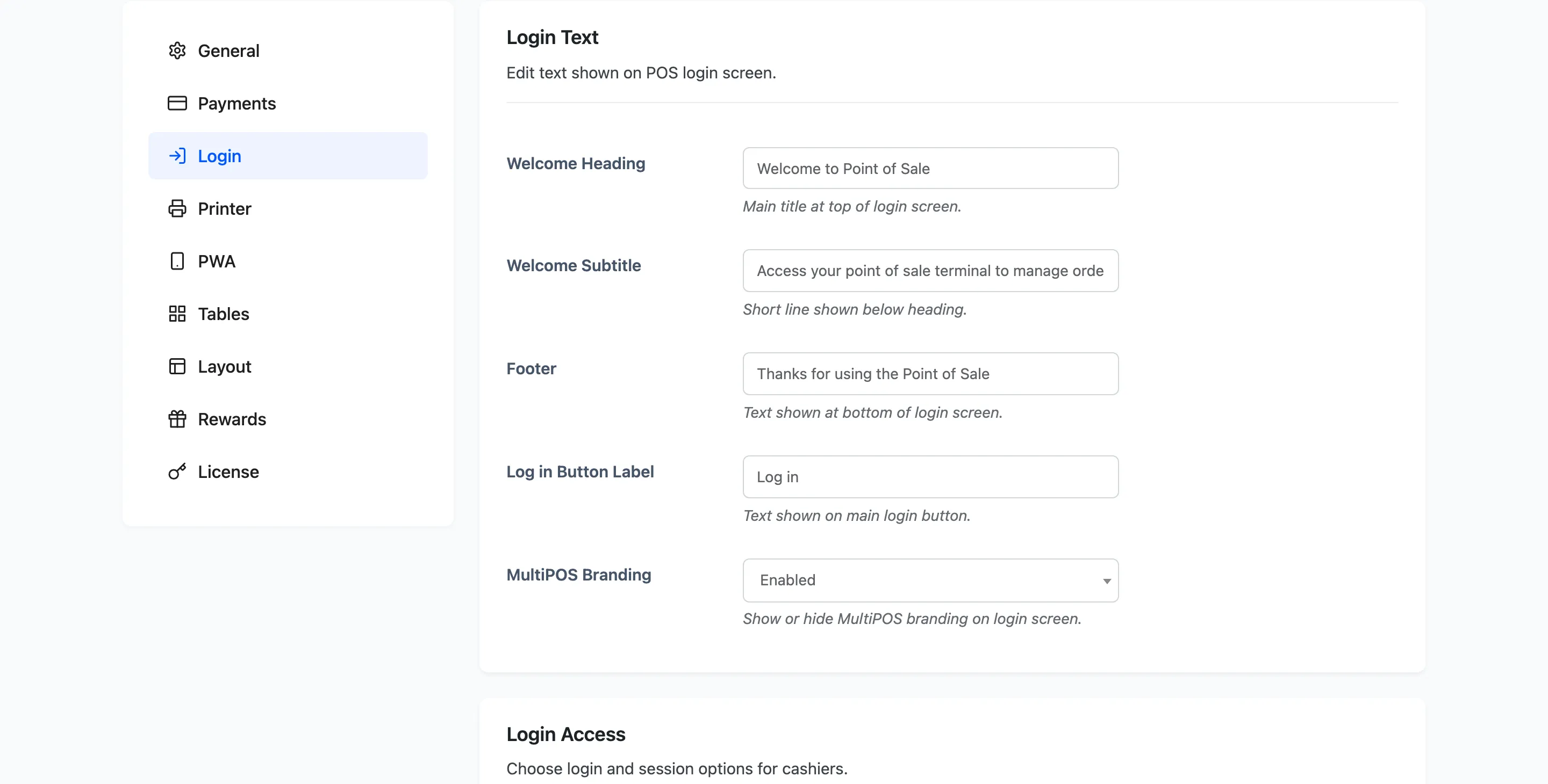 The Login Text section of the login configuration tab