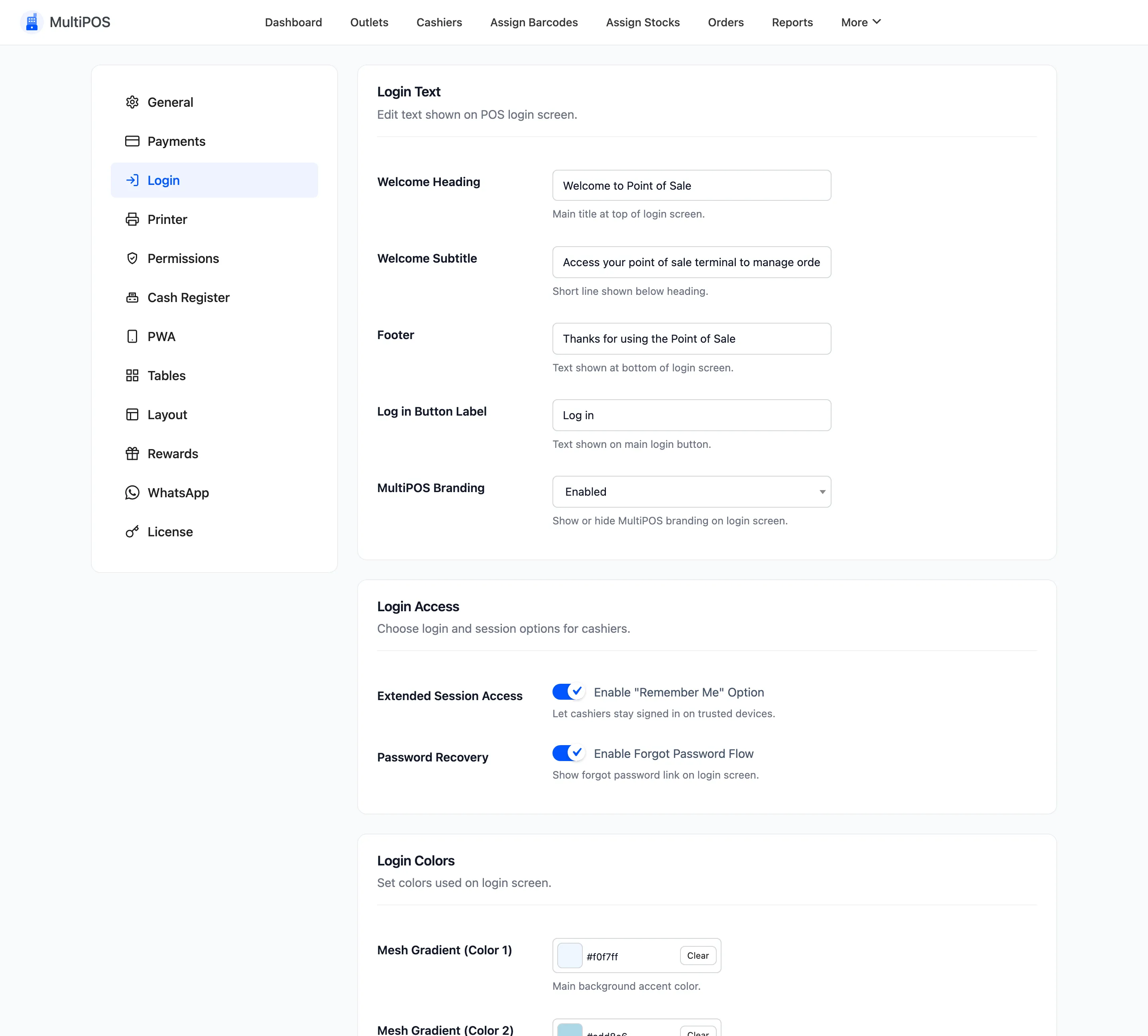 The Login Text section of the login configuration tab