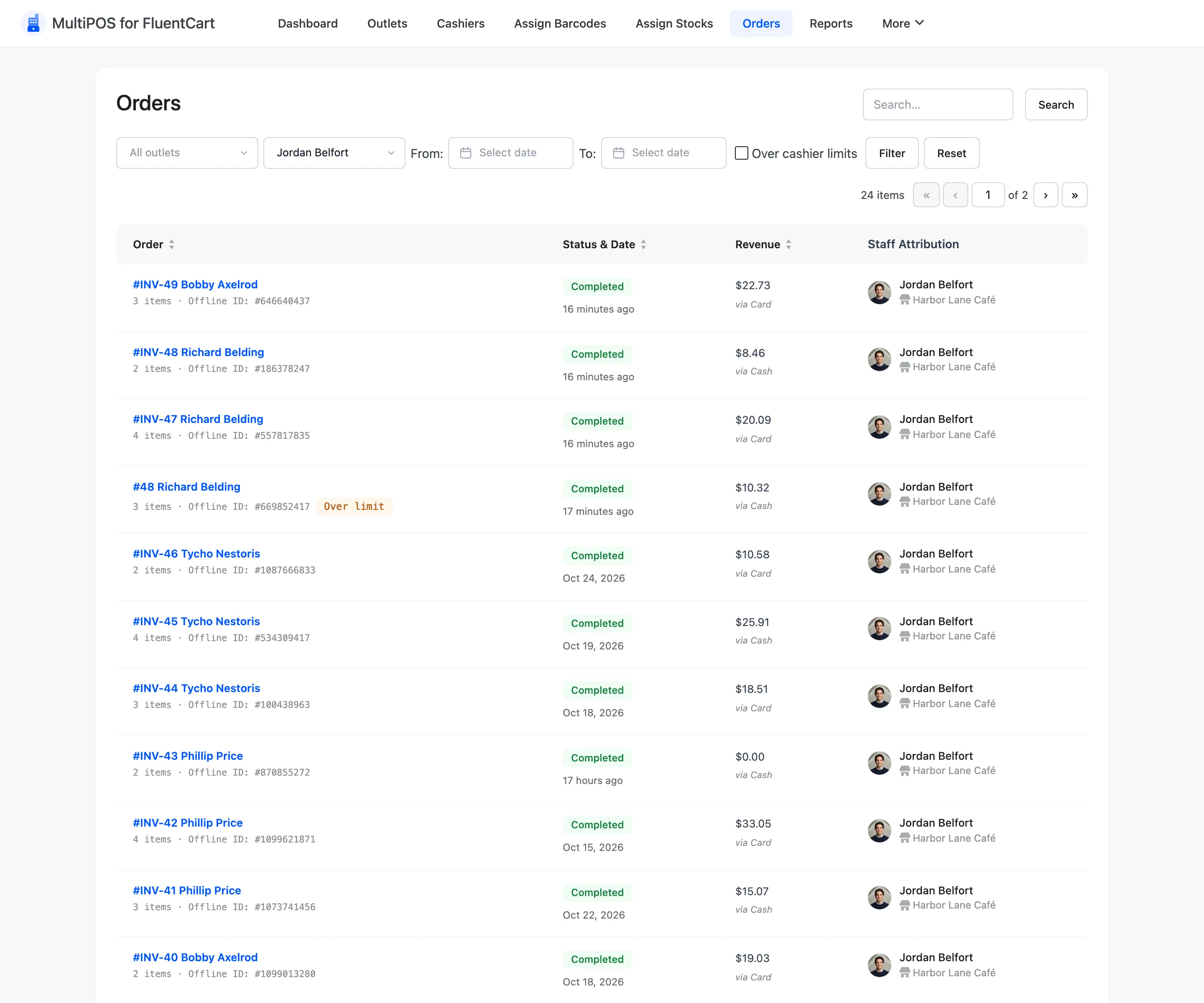 The MultiPOS orders list filtered to one cashier, Jordan Belfort
