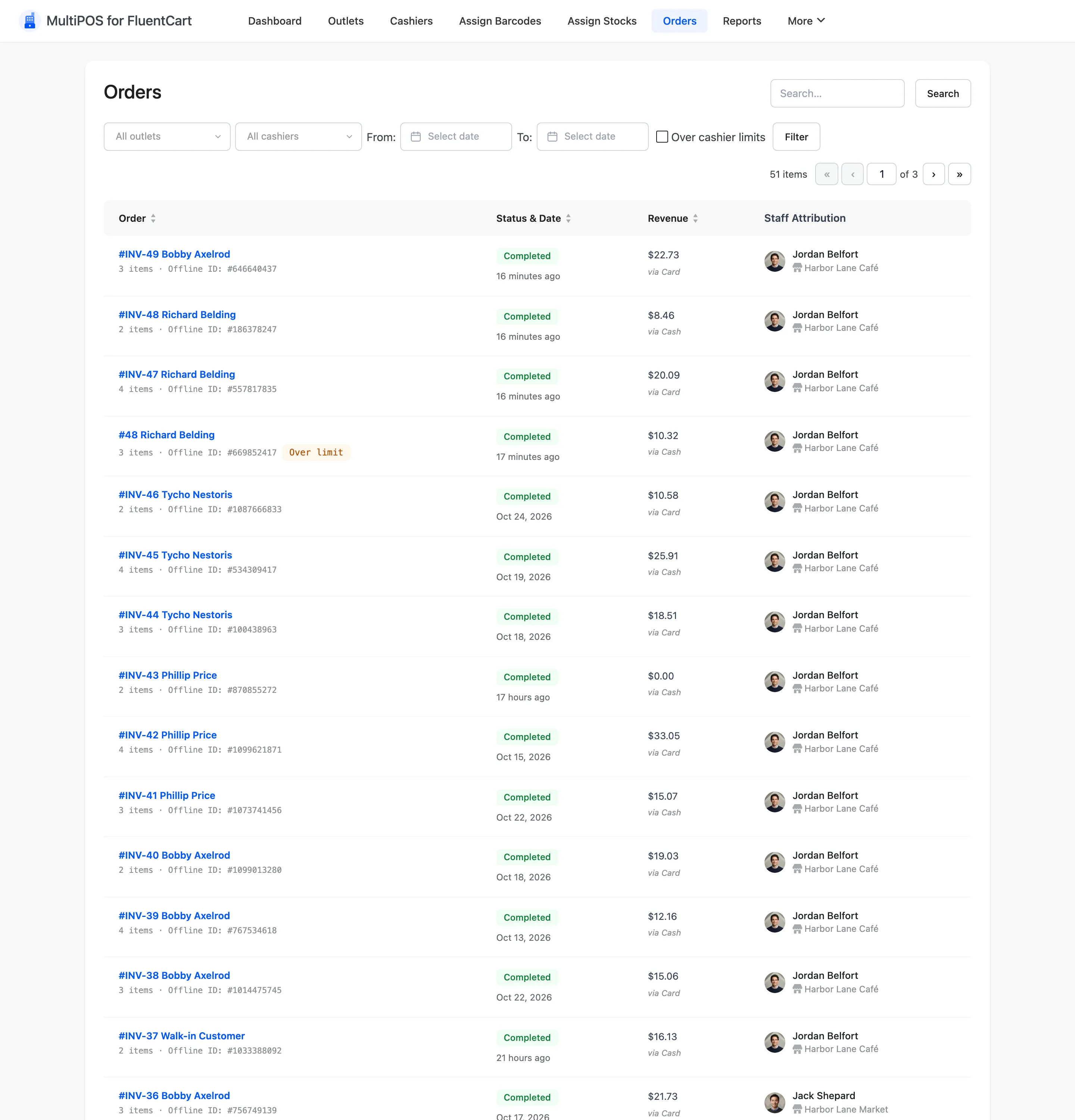 The MultiPOS orders list with order, status, revenue and staff attribution columns