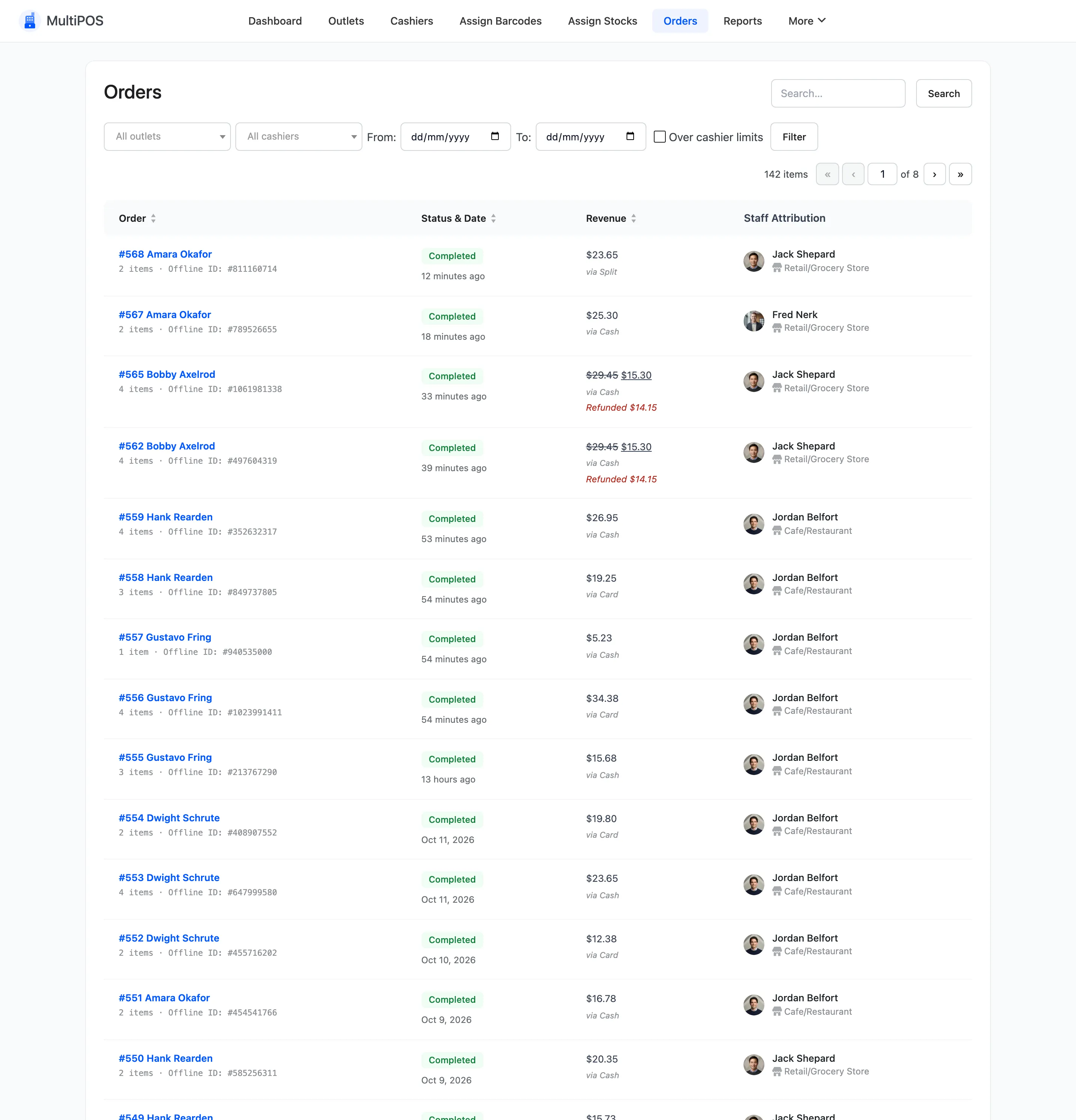 The MultiPOS orders list with order, status, revenue and staff attribution columns
