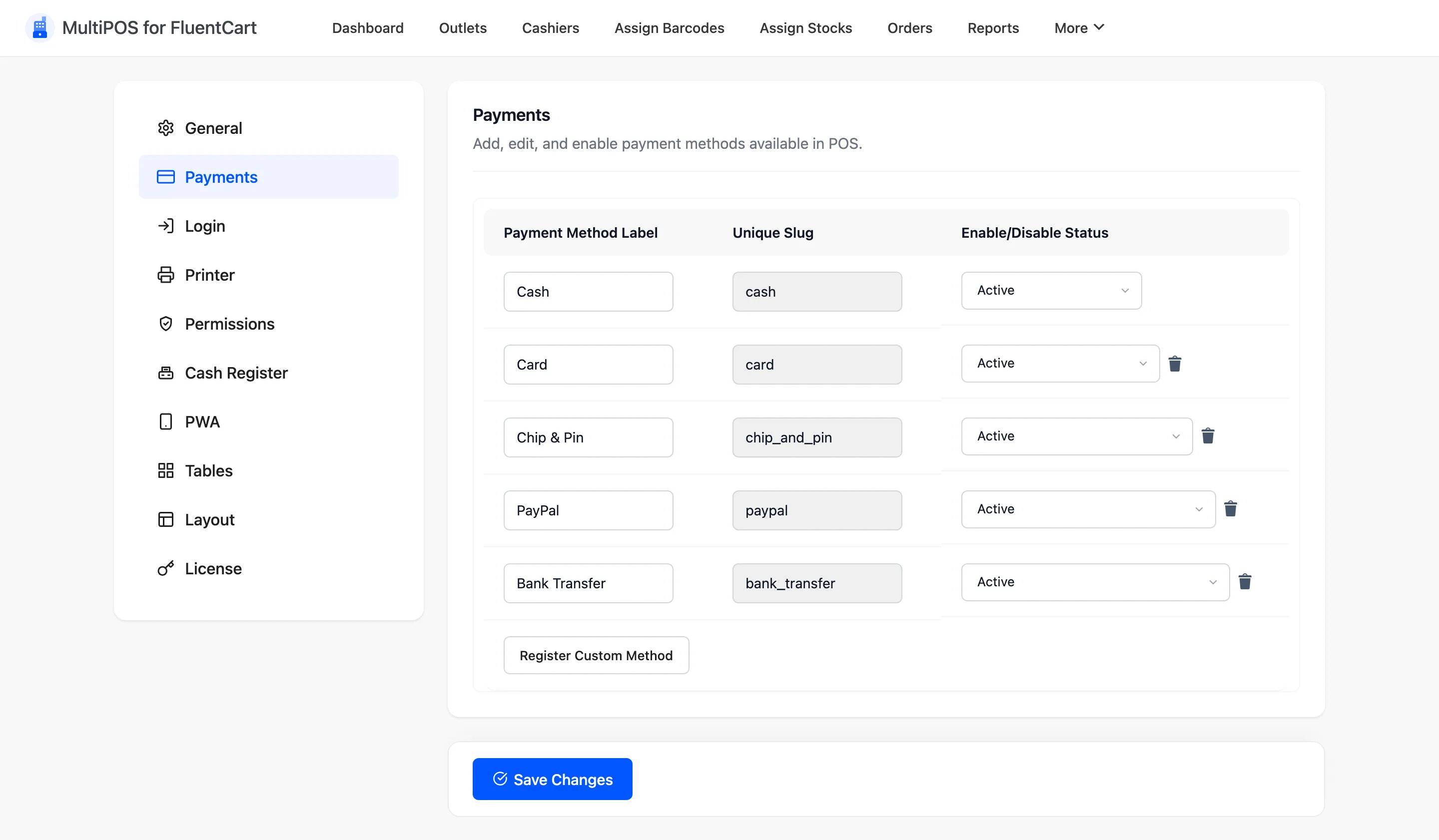 The Payments configuration tab listing each payment method with its slug and status