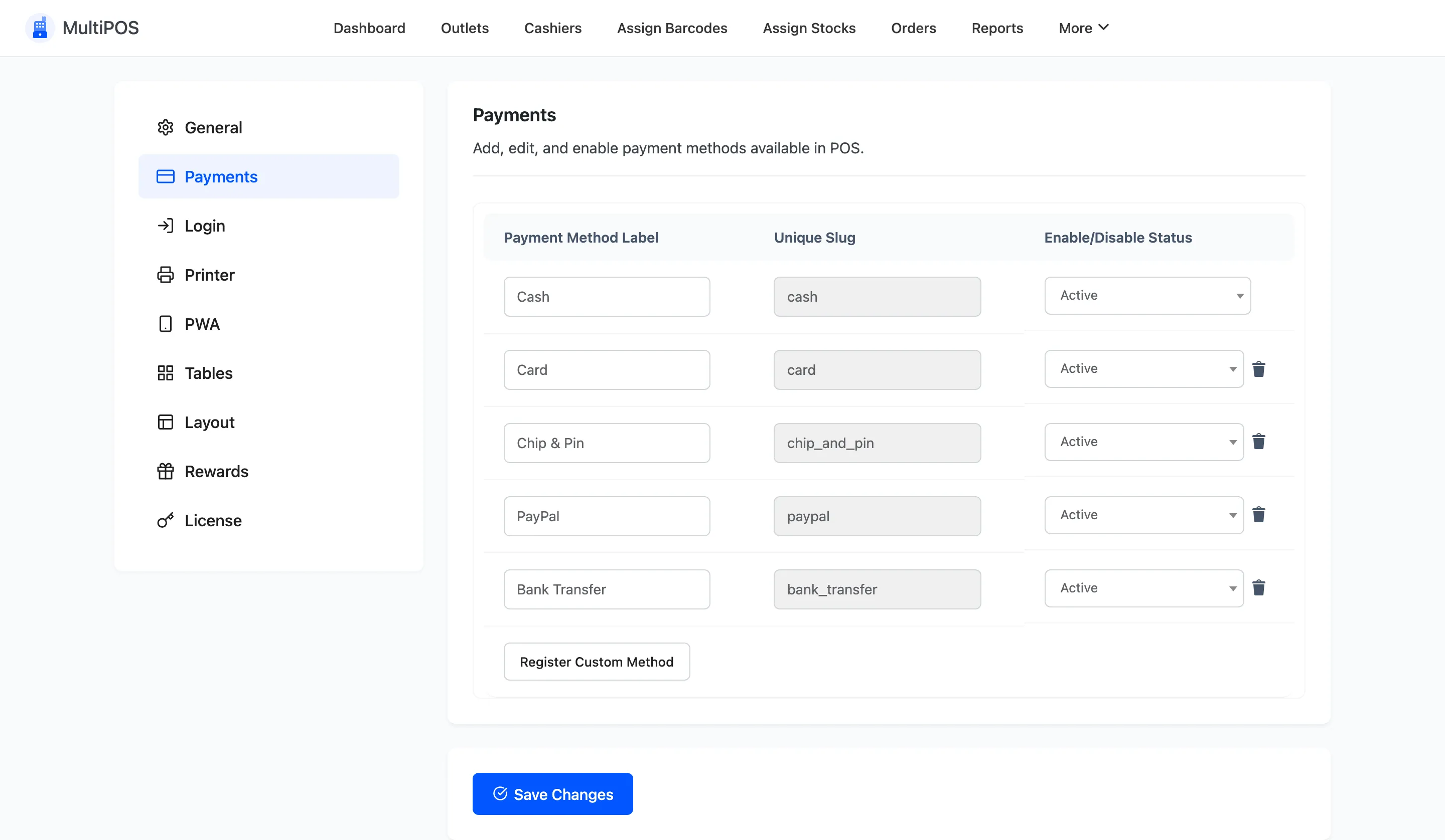 The Payments configuration tab listing each payment method with its slug and status