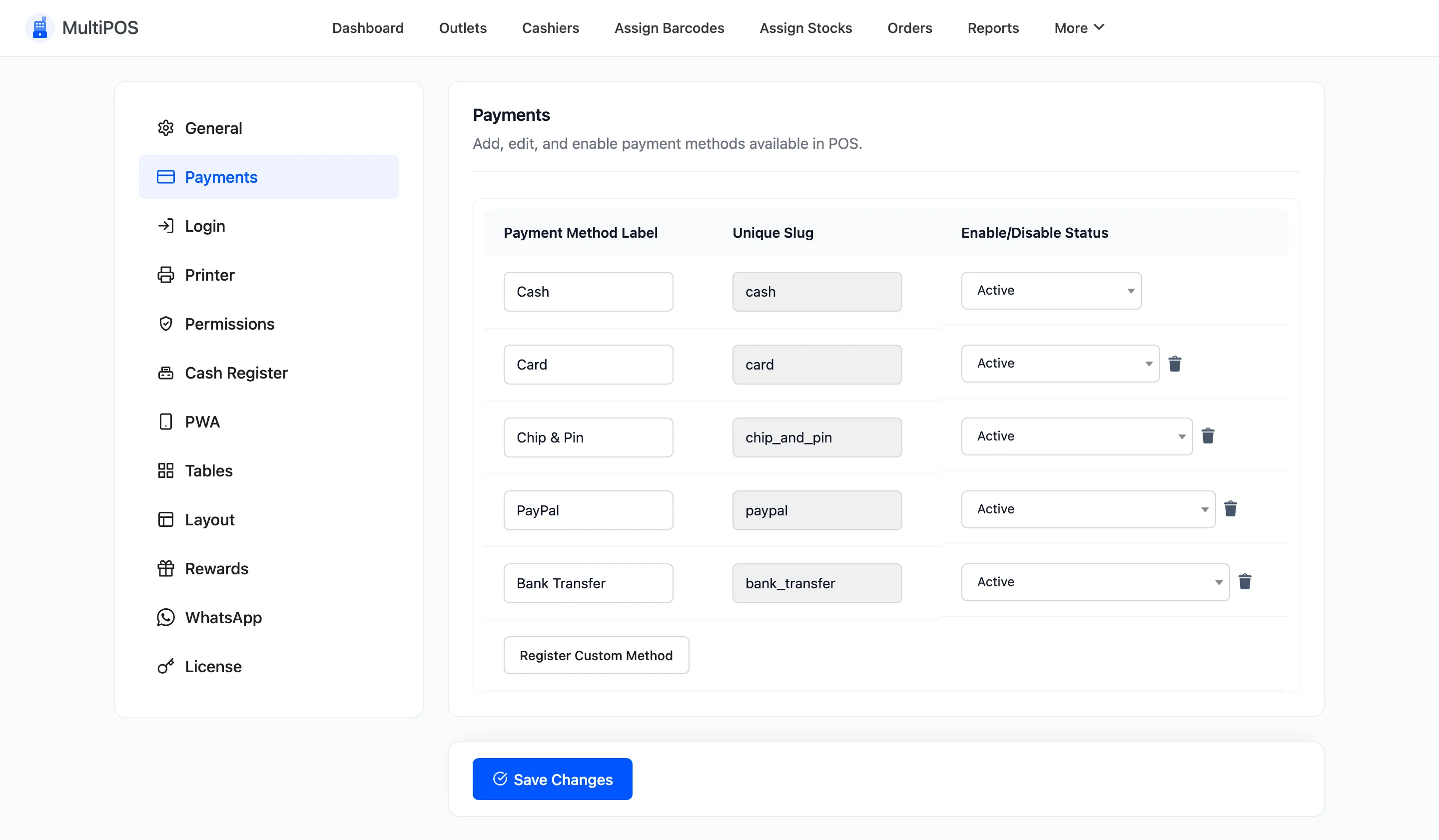 The Payments configuration tab listing each payment method with its slug and status