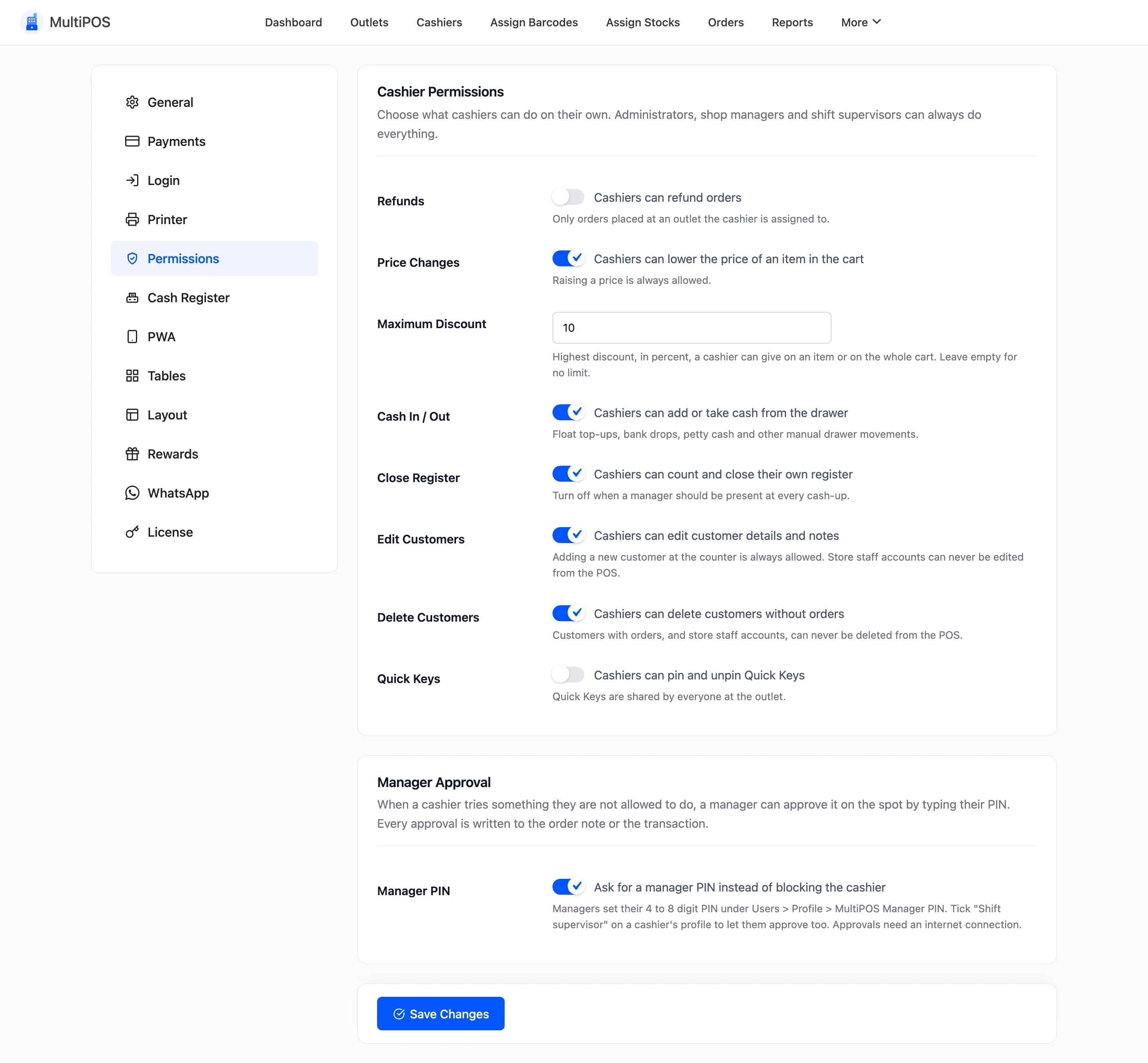 The MultiPOS Permissions tab with the Cashier Permissions and Manager Approval sections