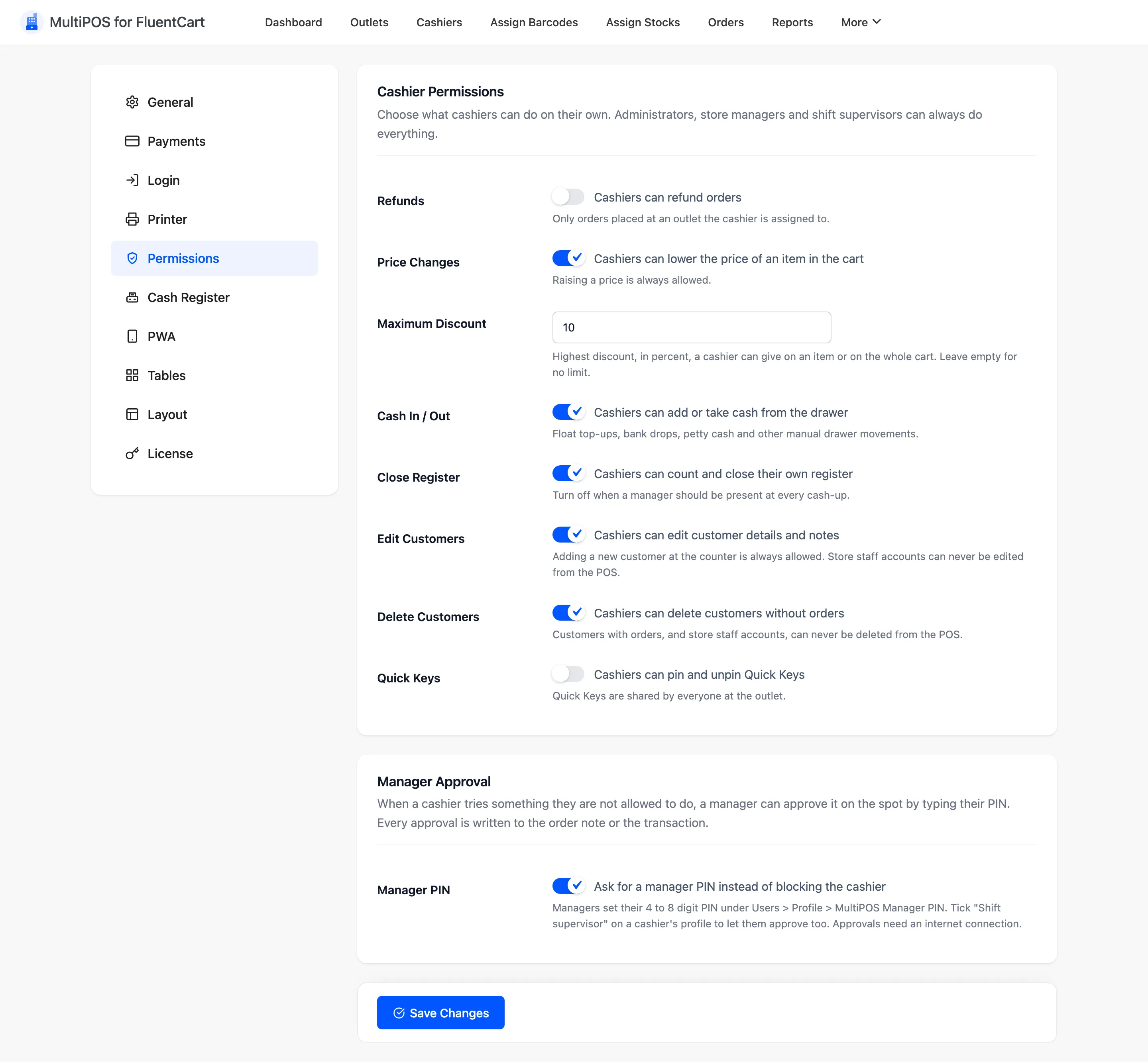 The MultiPOS Permissions tab with the Cashier Permissions and Manager Approval sections