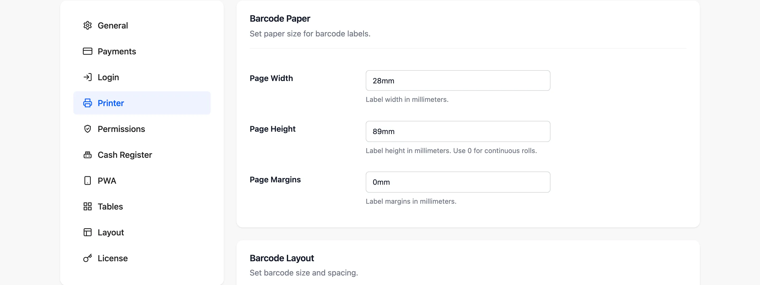 The Barcode Paper section of the printer configuration tab