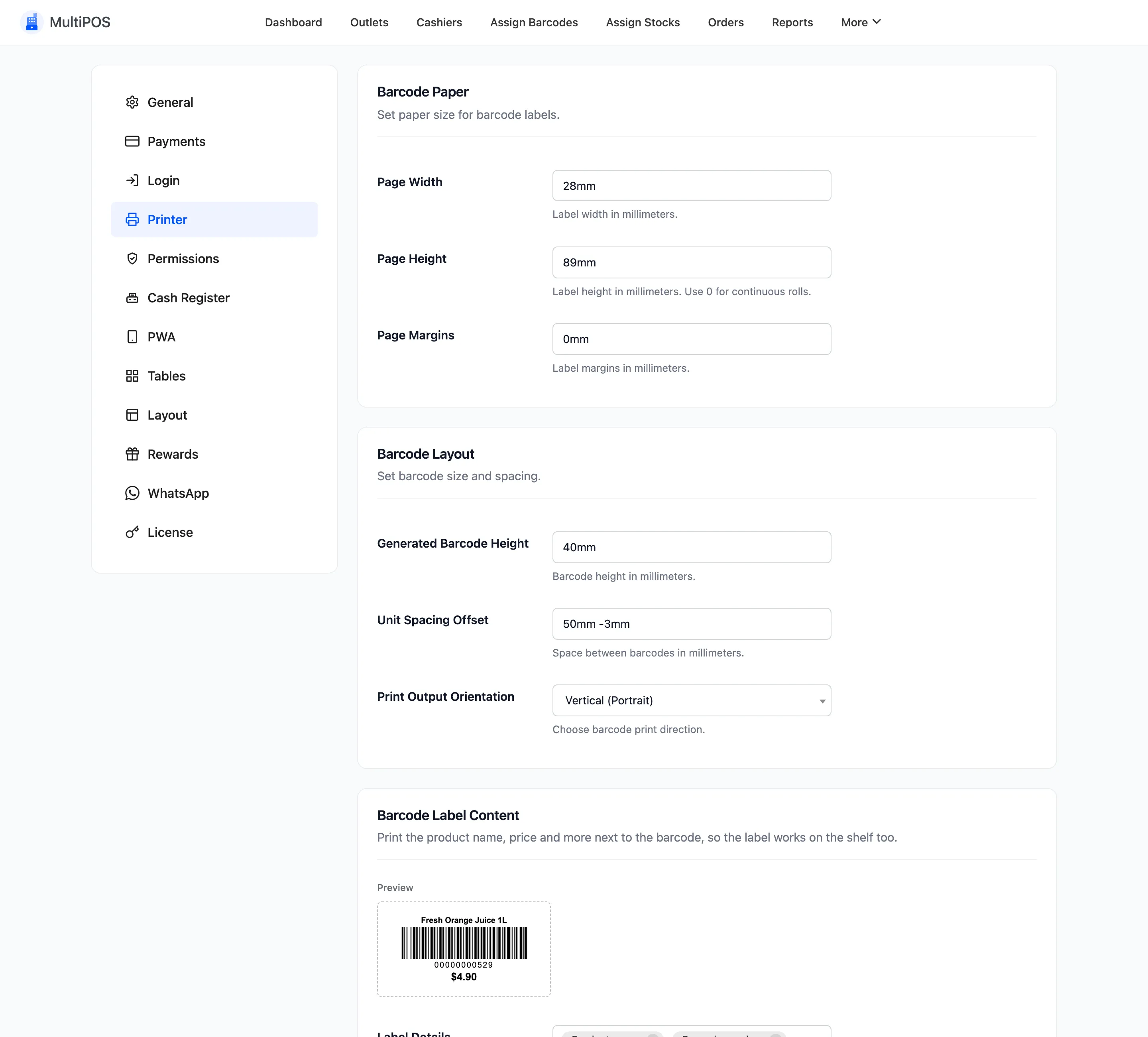The Barcode Paper section of the printer configuration tab