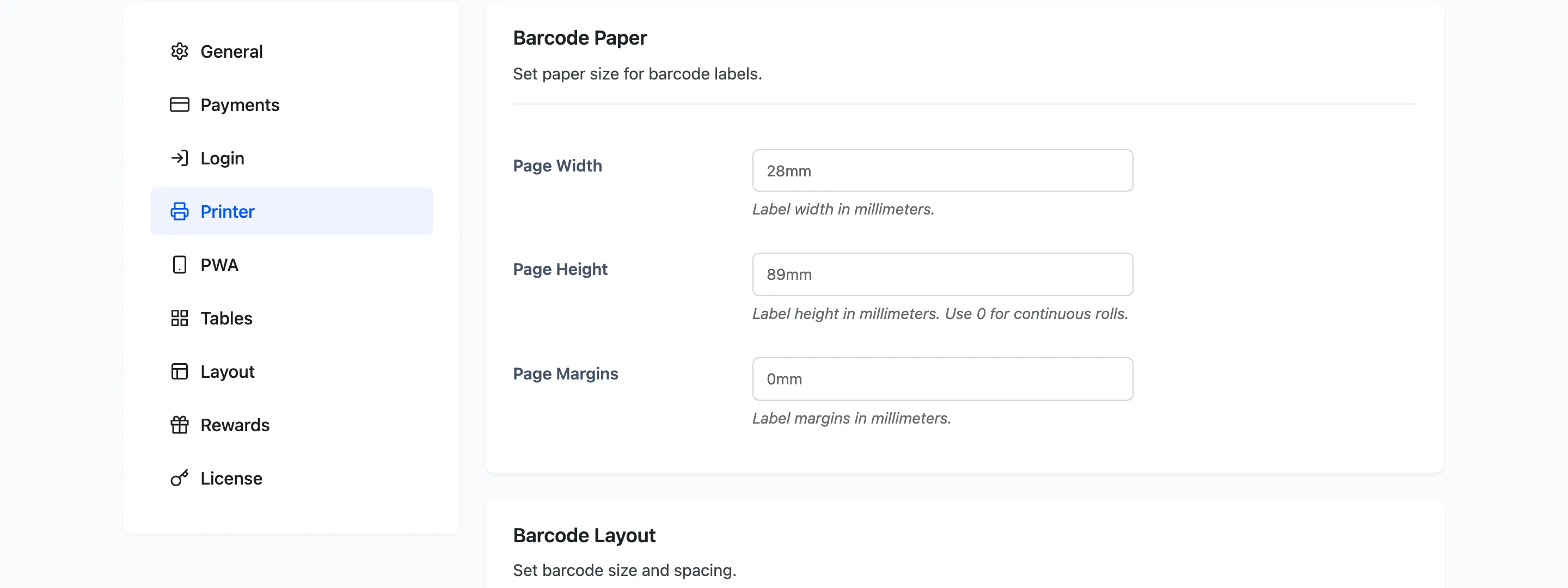 The Barcode Paper section of the printer configuration tab