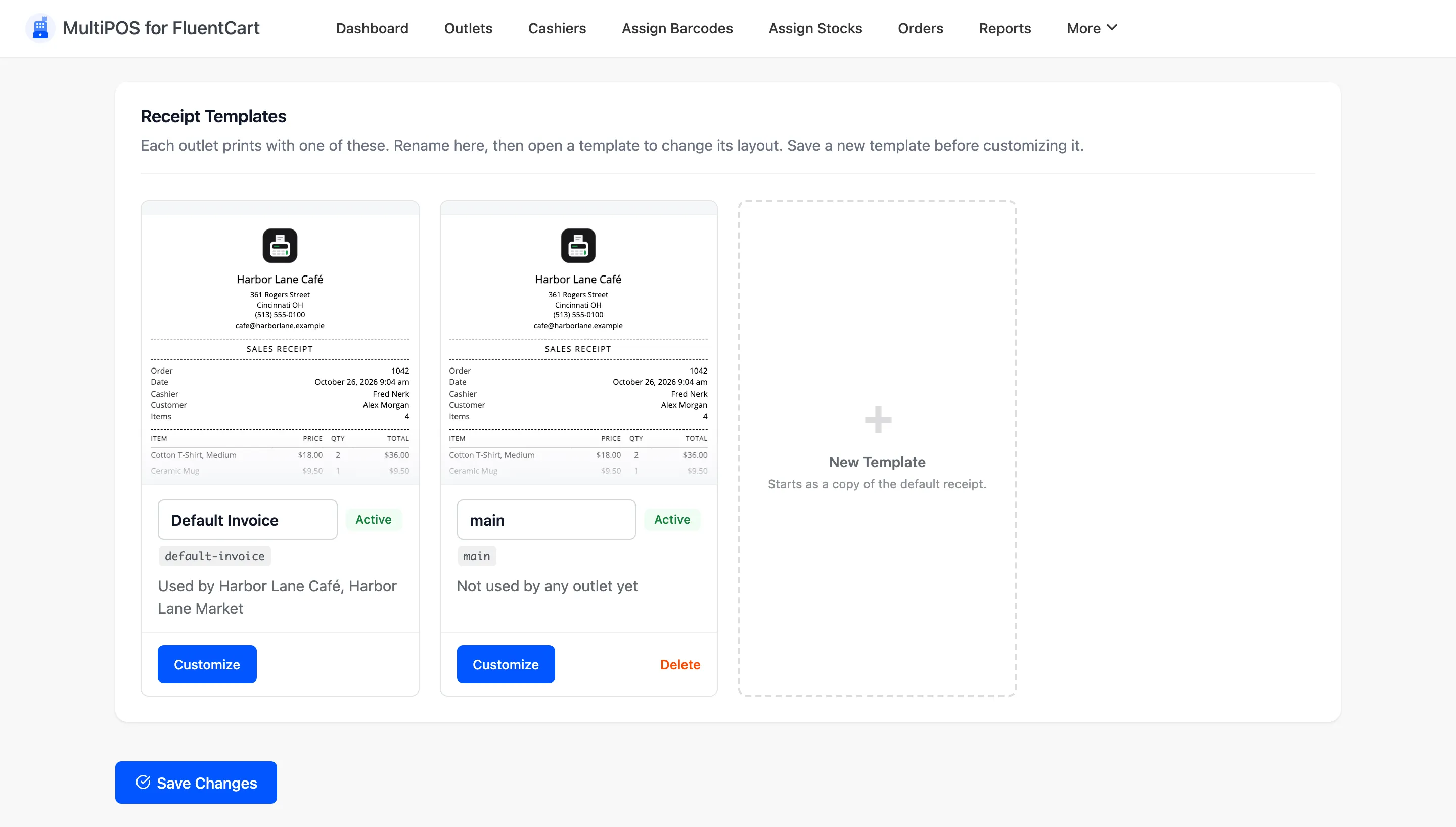 The receipt templates screen with the default template card