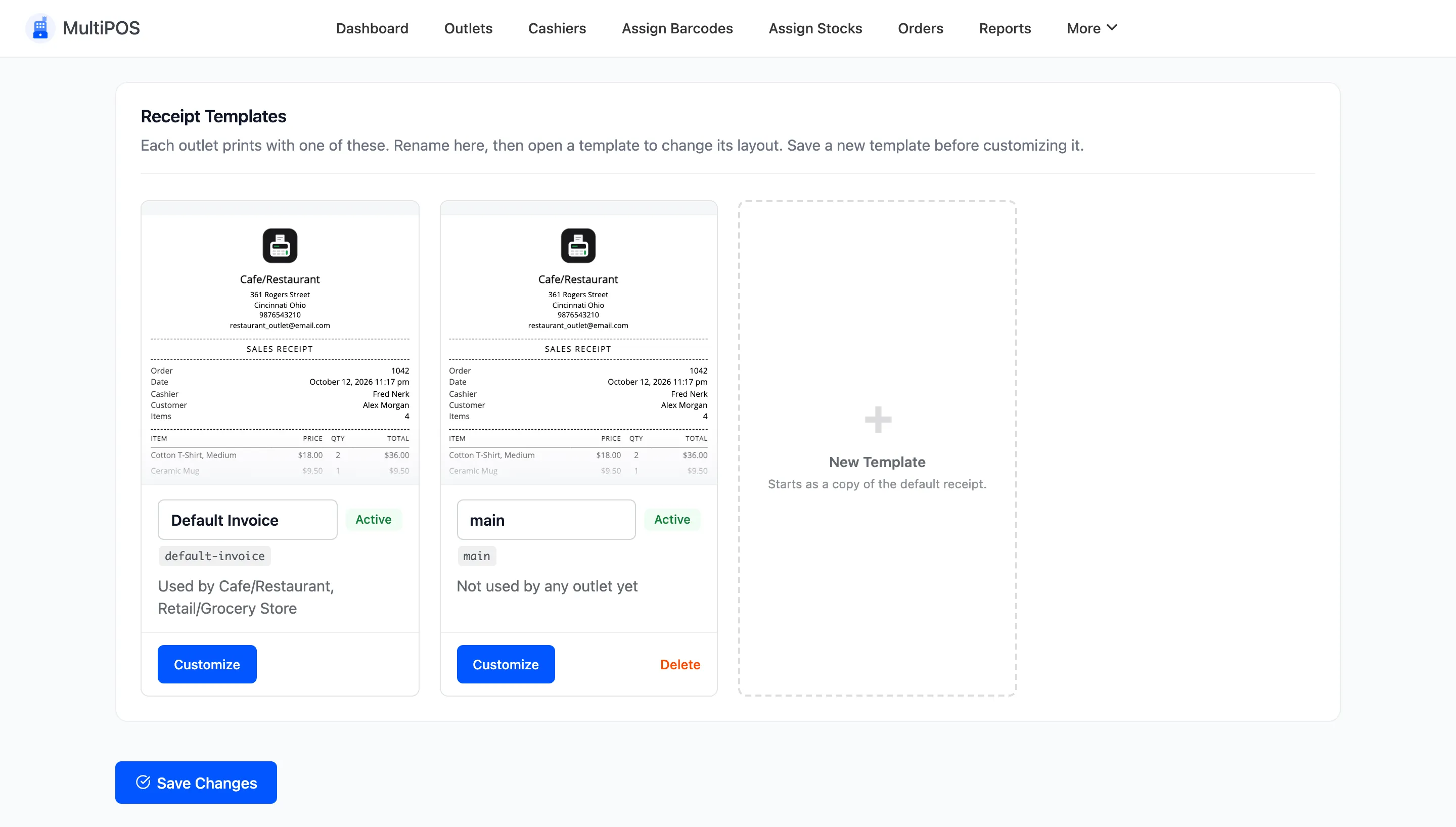 The receipt templates screen with the default template card