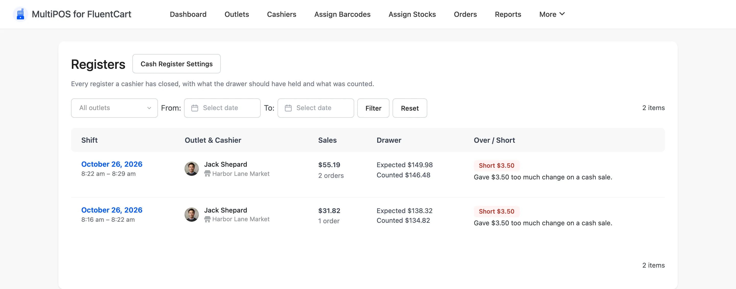 The Registers screen with one closed register, its sales, the expected and counted drawer, and a Short $3.50 badge