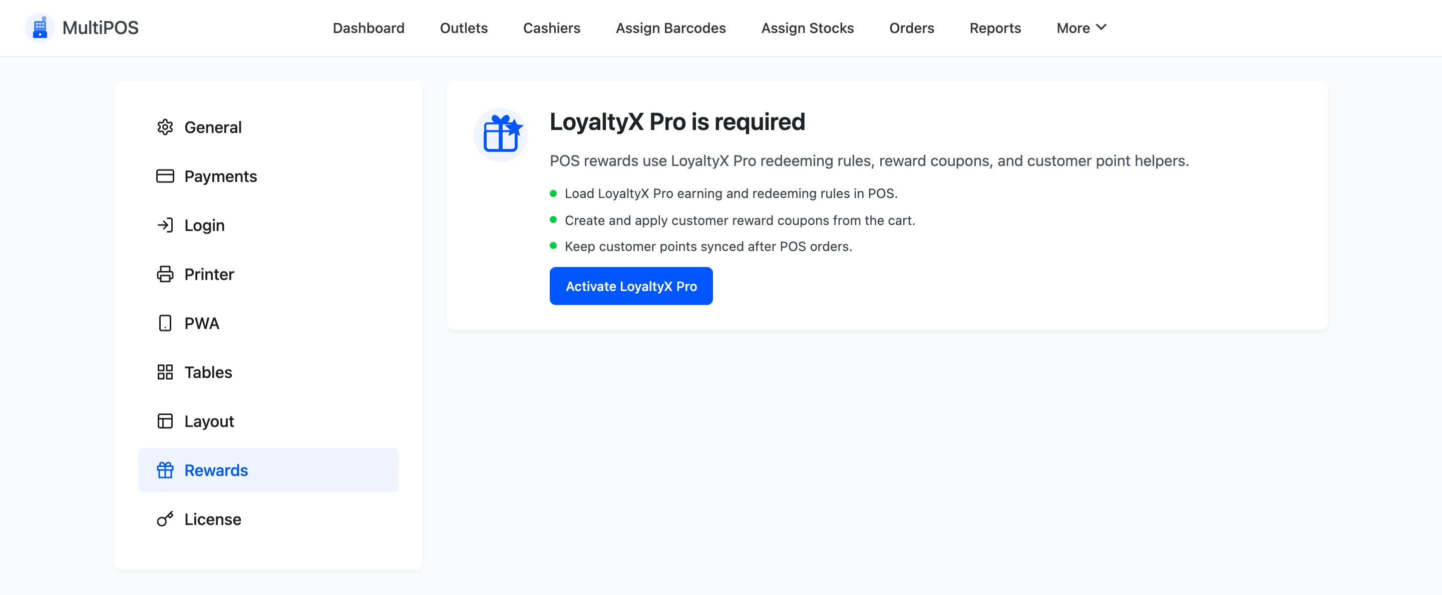 The Rewards tab showing the LoyaltyX Pro required notice