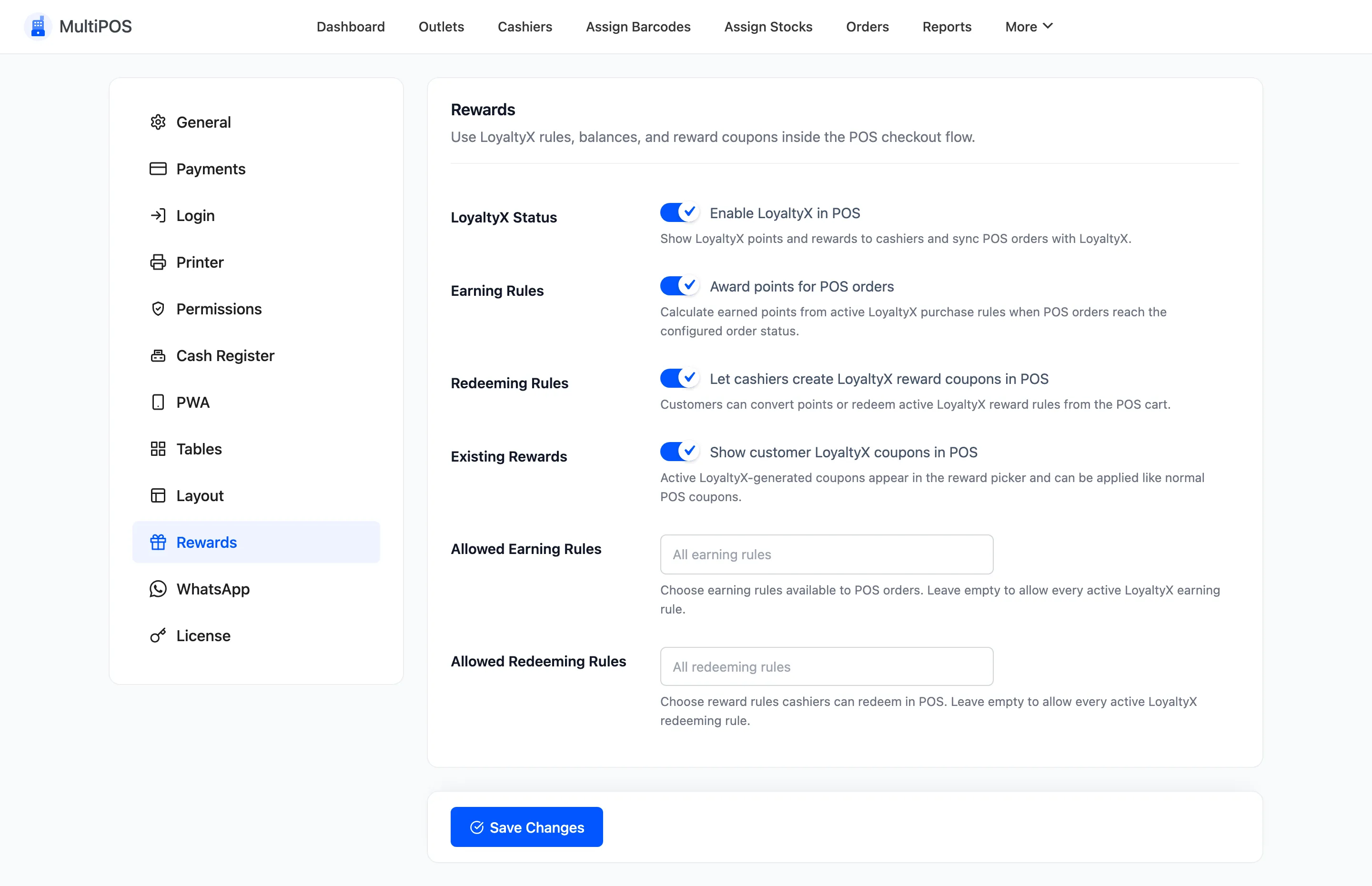 The Rewards tab with LoyaltyX Status on, earning and redeeming switched on, and the two rule lists