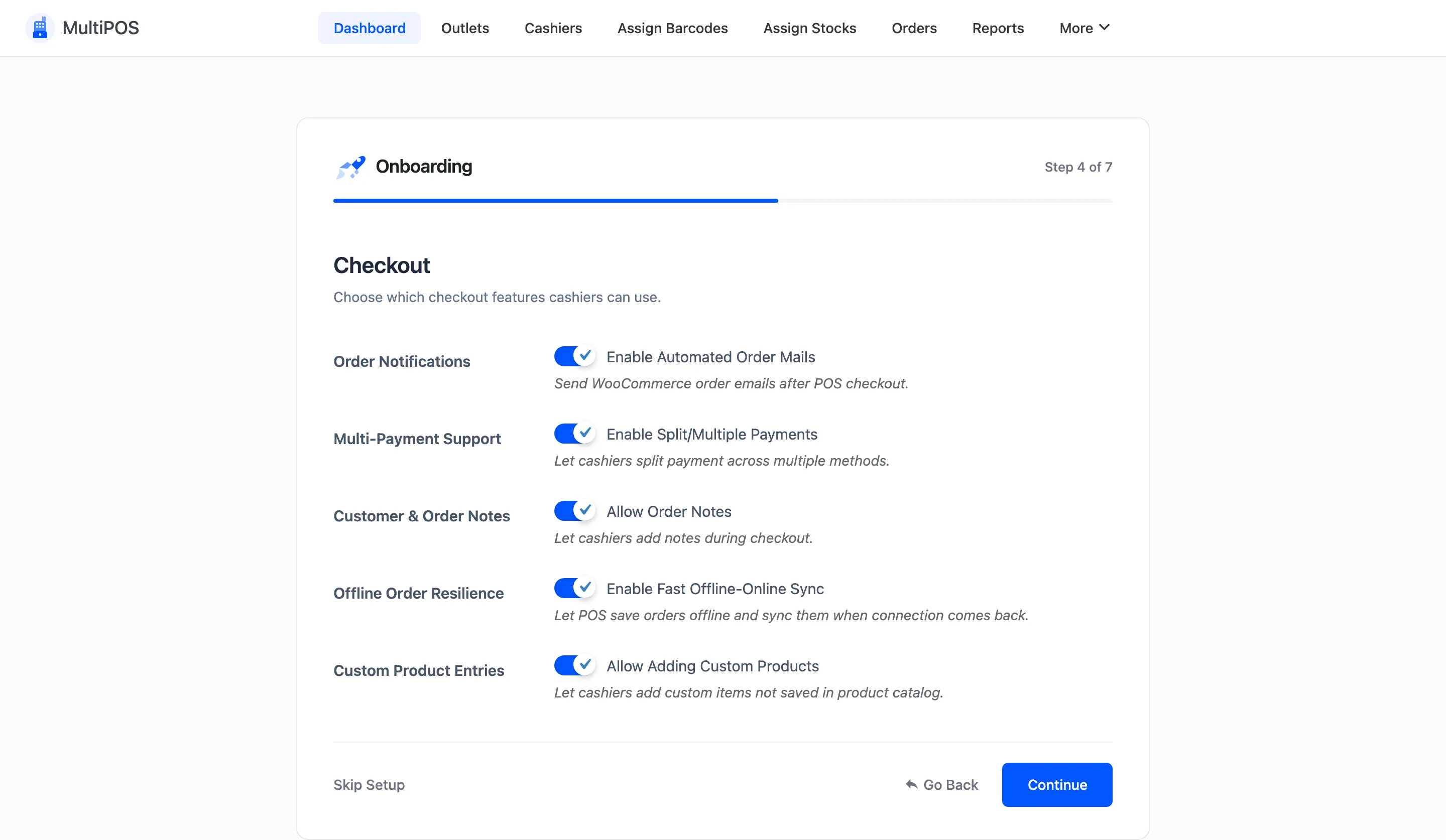 The Checkout step of the setup wizard with the order notification setting