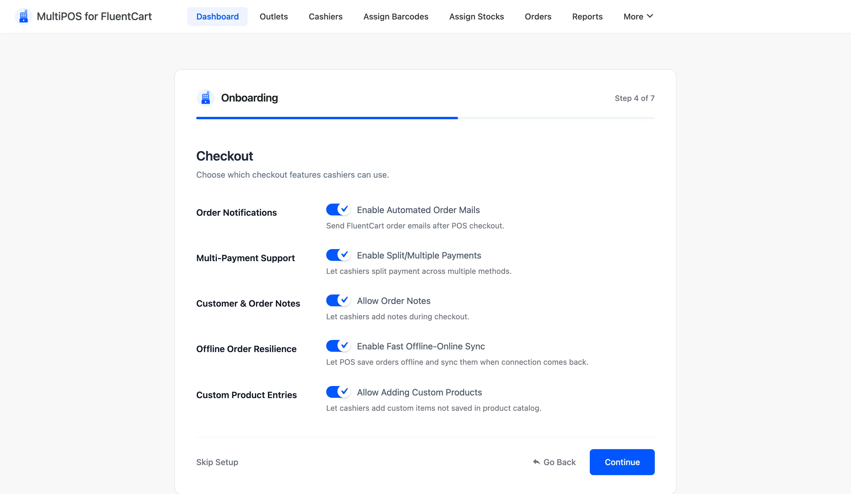 The Checkout step of the setup wizard with the order notification setting