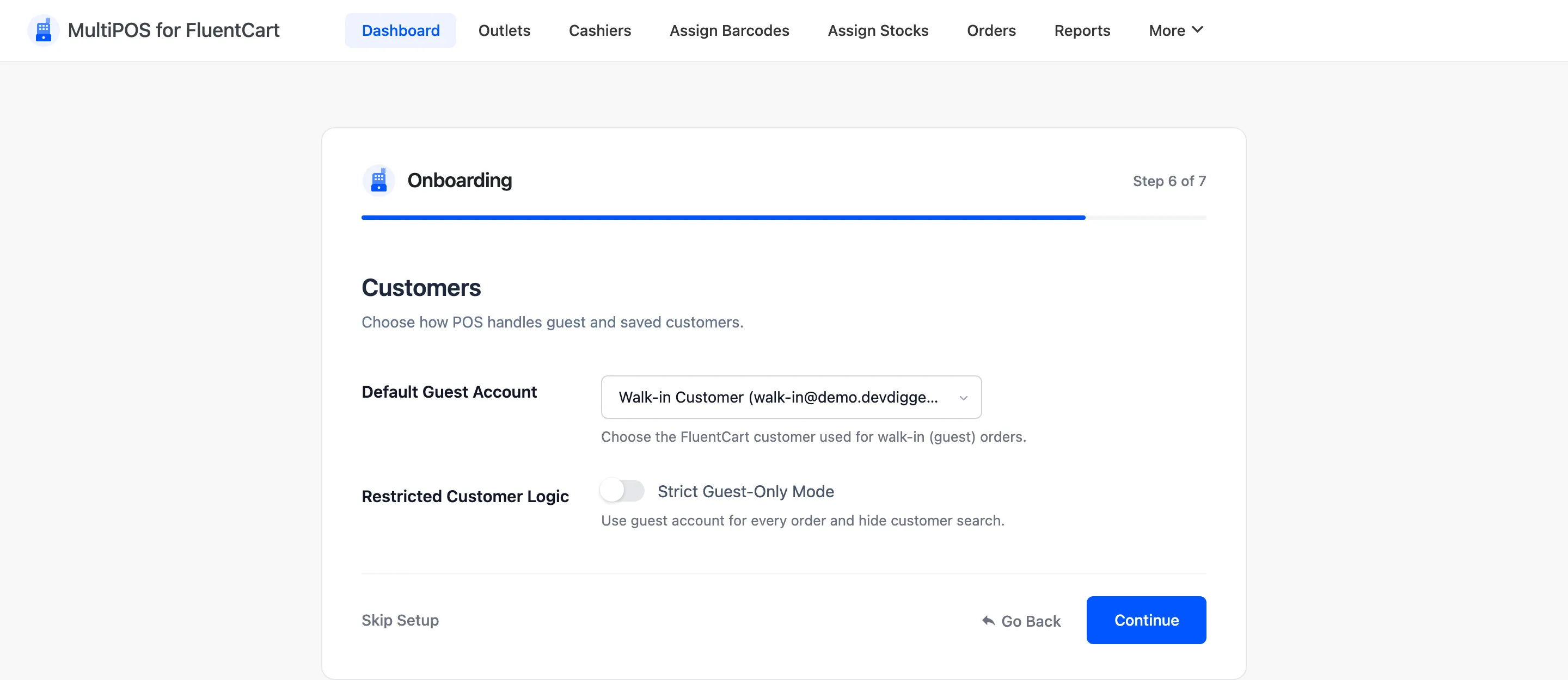 The Customers step of the setup wizard with the default guest account field