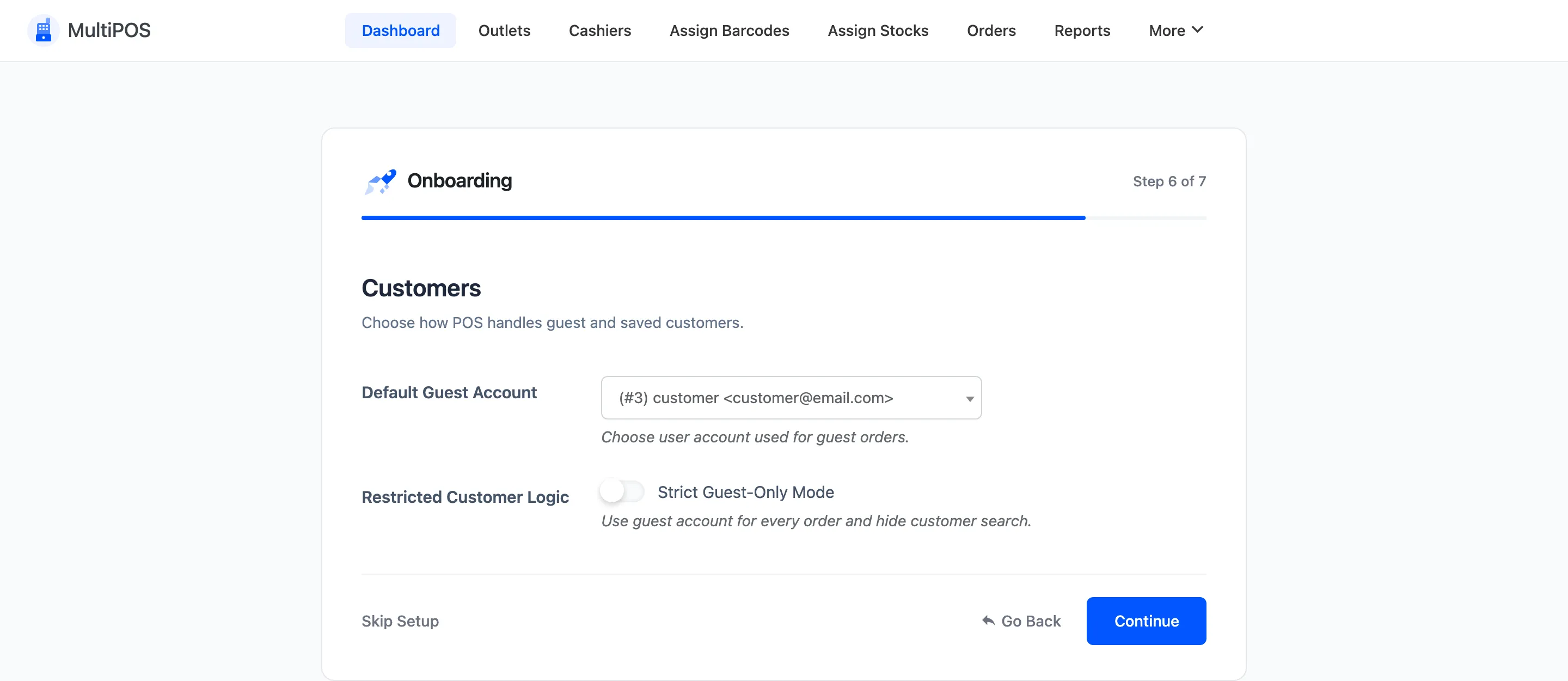 The Customers step of the setup wizard with the default guest account field