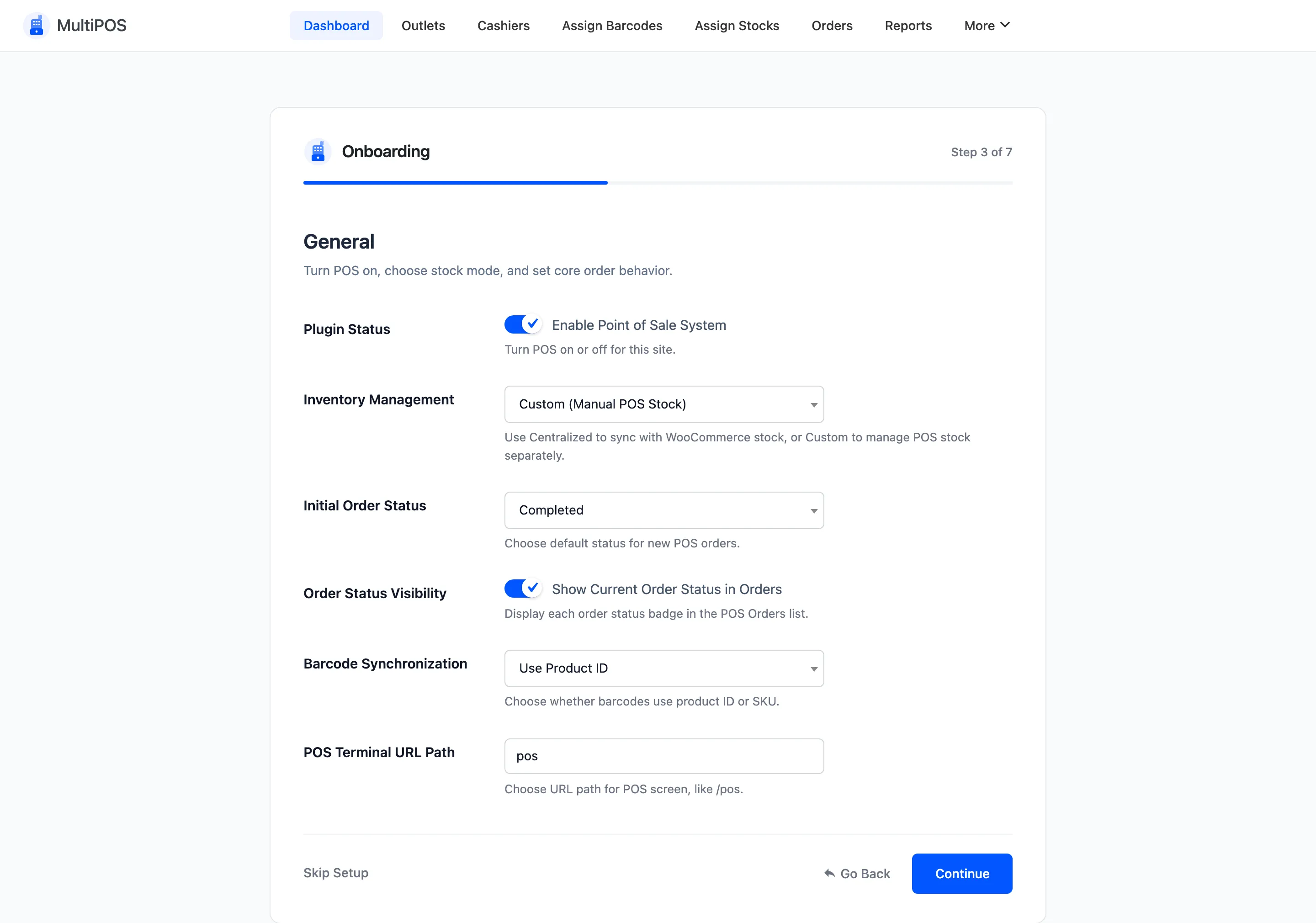 The General step of the setup wizard with the plugin status and order status fields