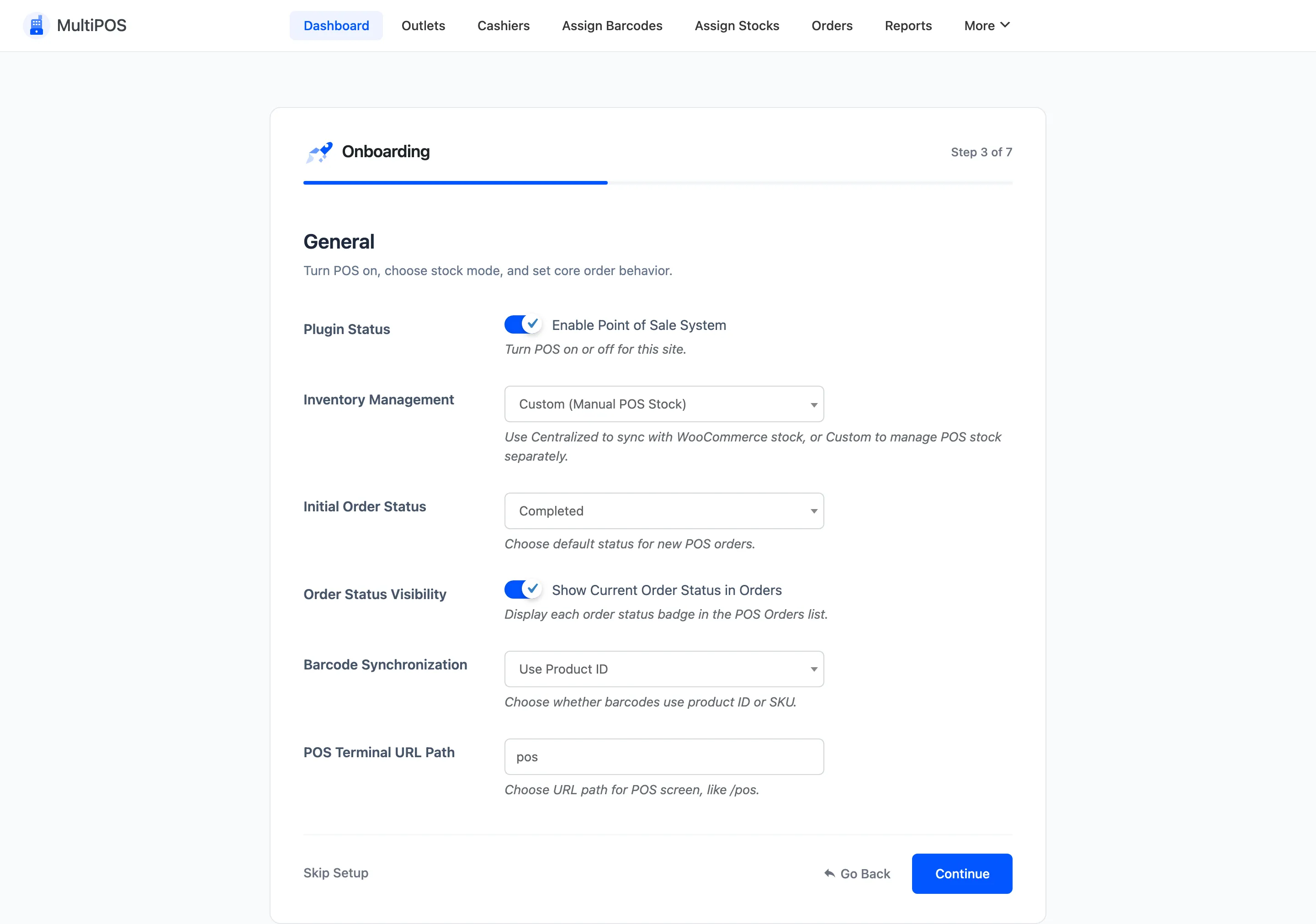 The General step of the setup wizard with the plugin status and order status fields