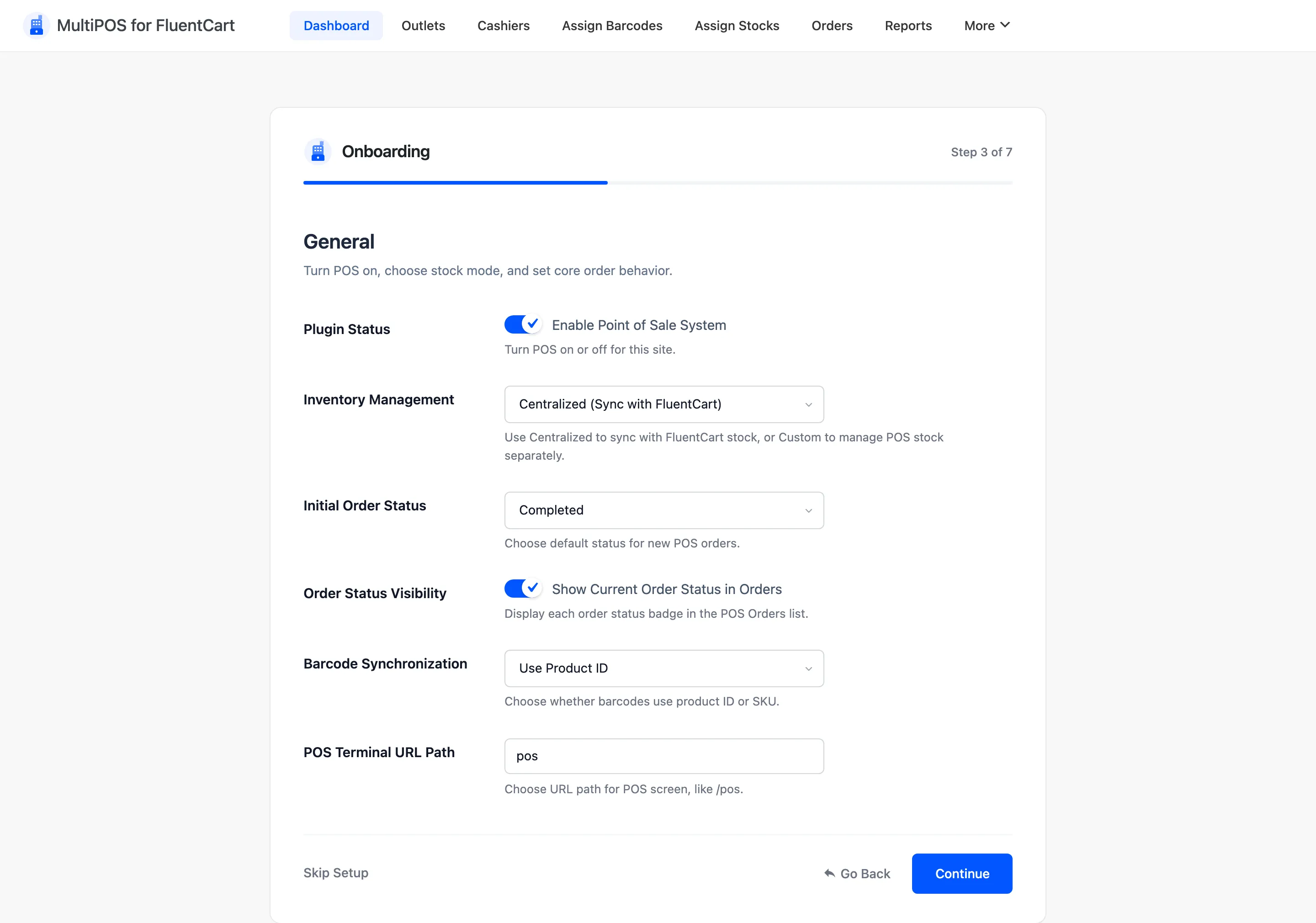 The General step of the setup wizard with the plugin status and order status fields