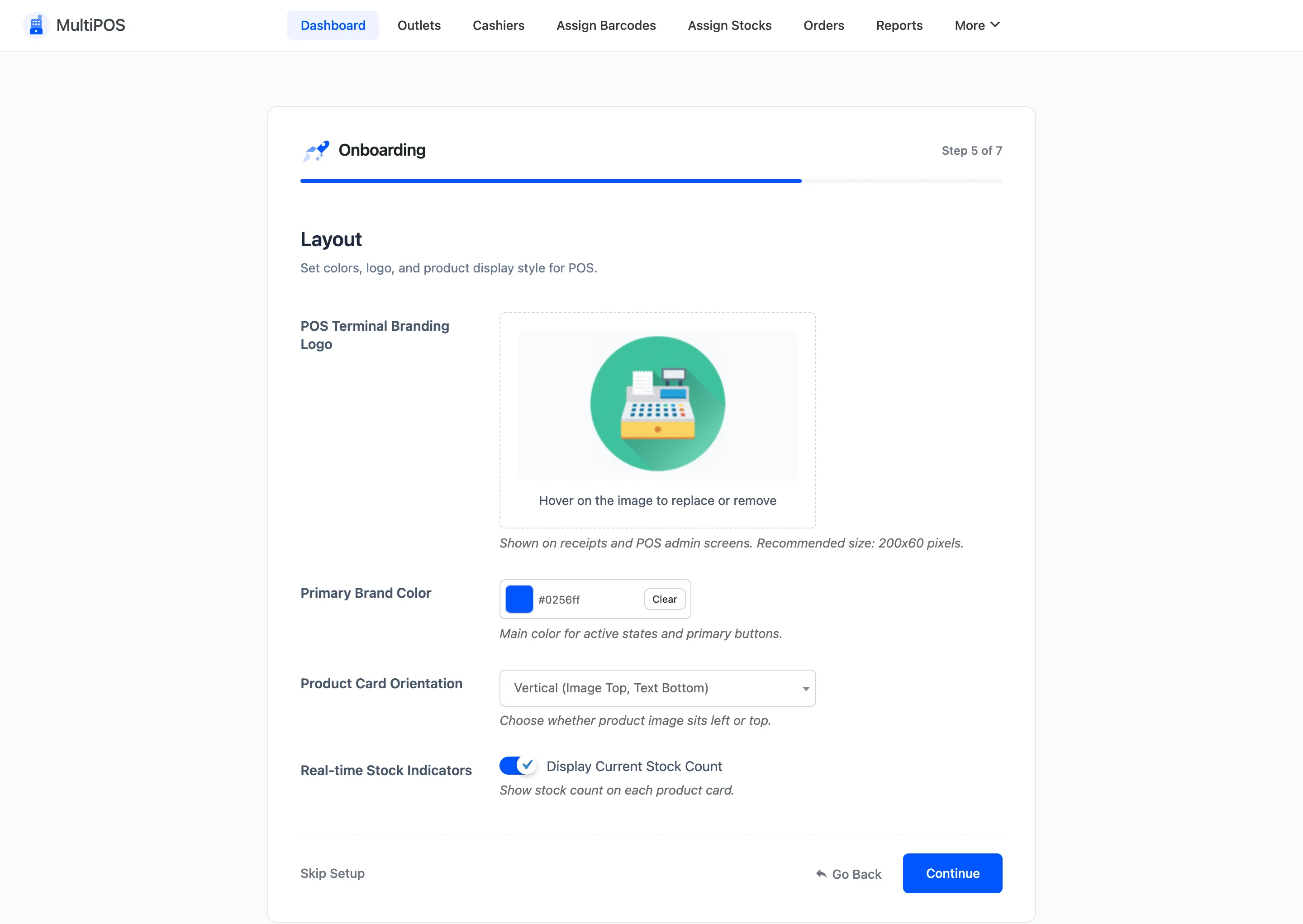 The Layout step of the setup wizard with the logo, brand colour and product card fields