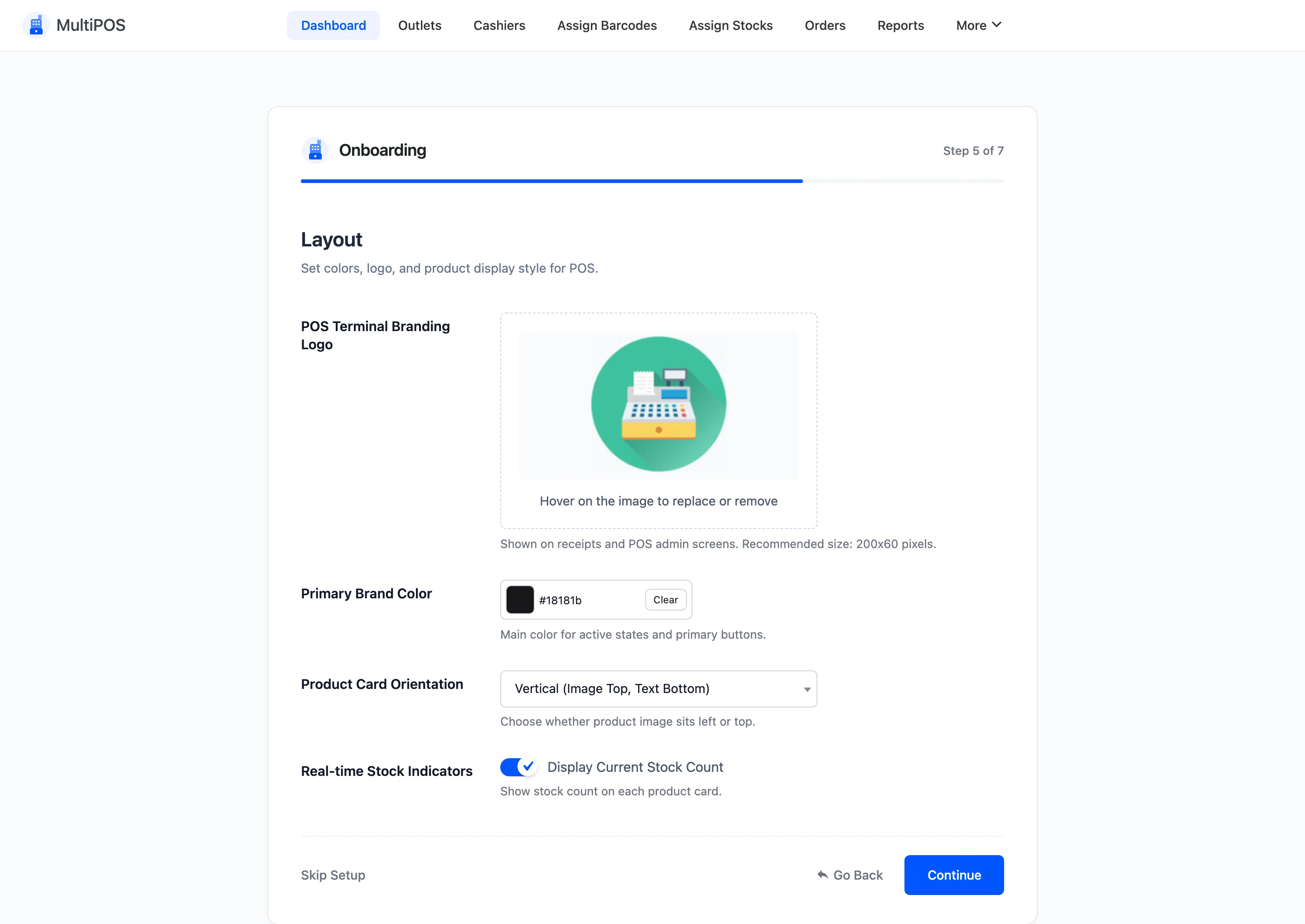 The Layout step of the setup wizard with the logo, brand colour and product card fields