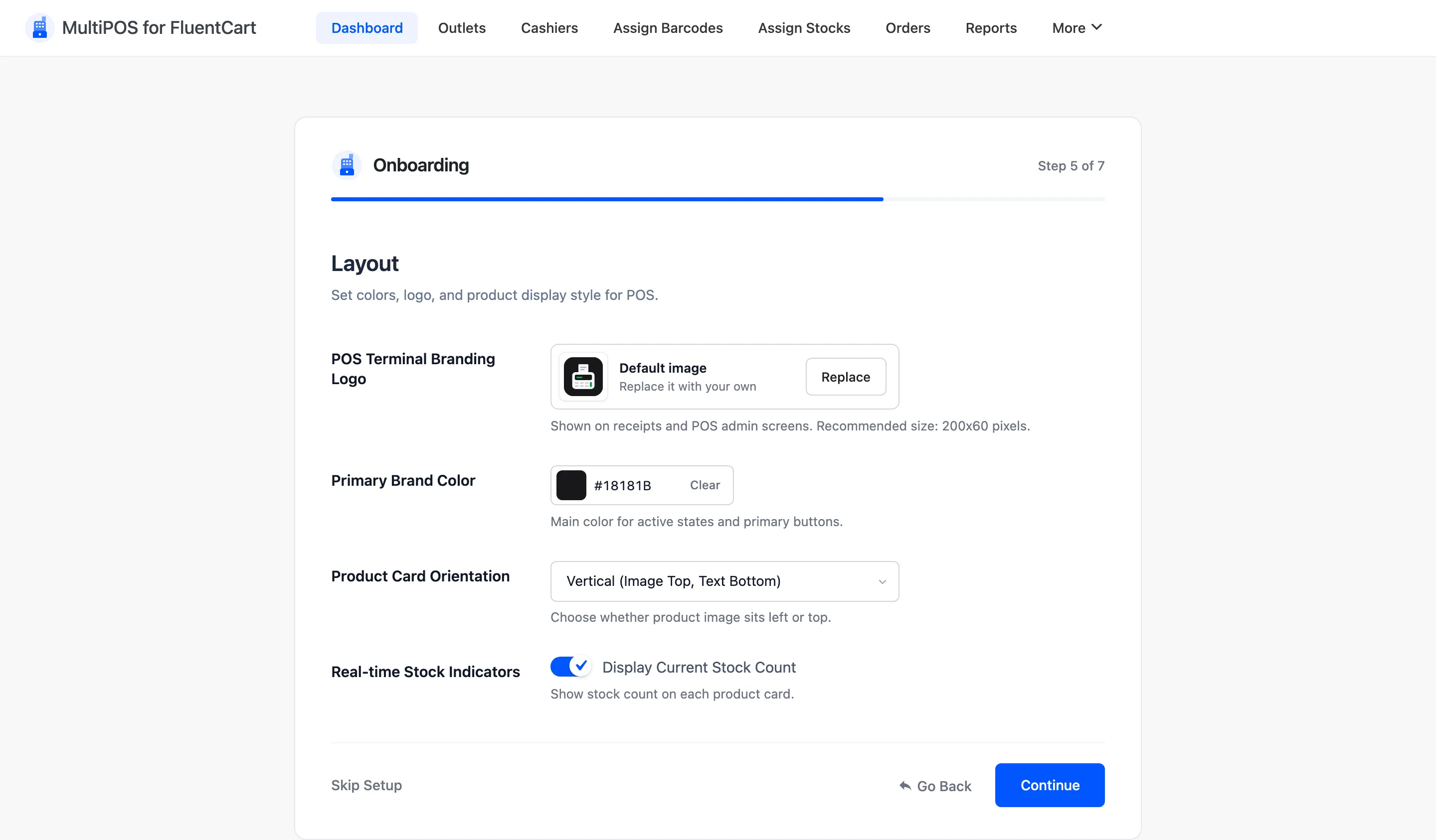 The Layout step of the setup wizard with the logo, brand colour and product card fields