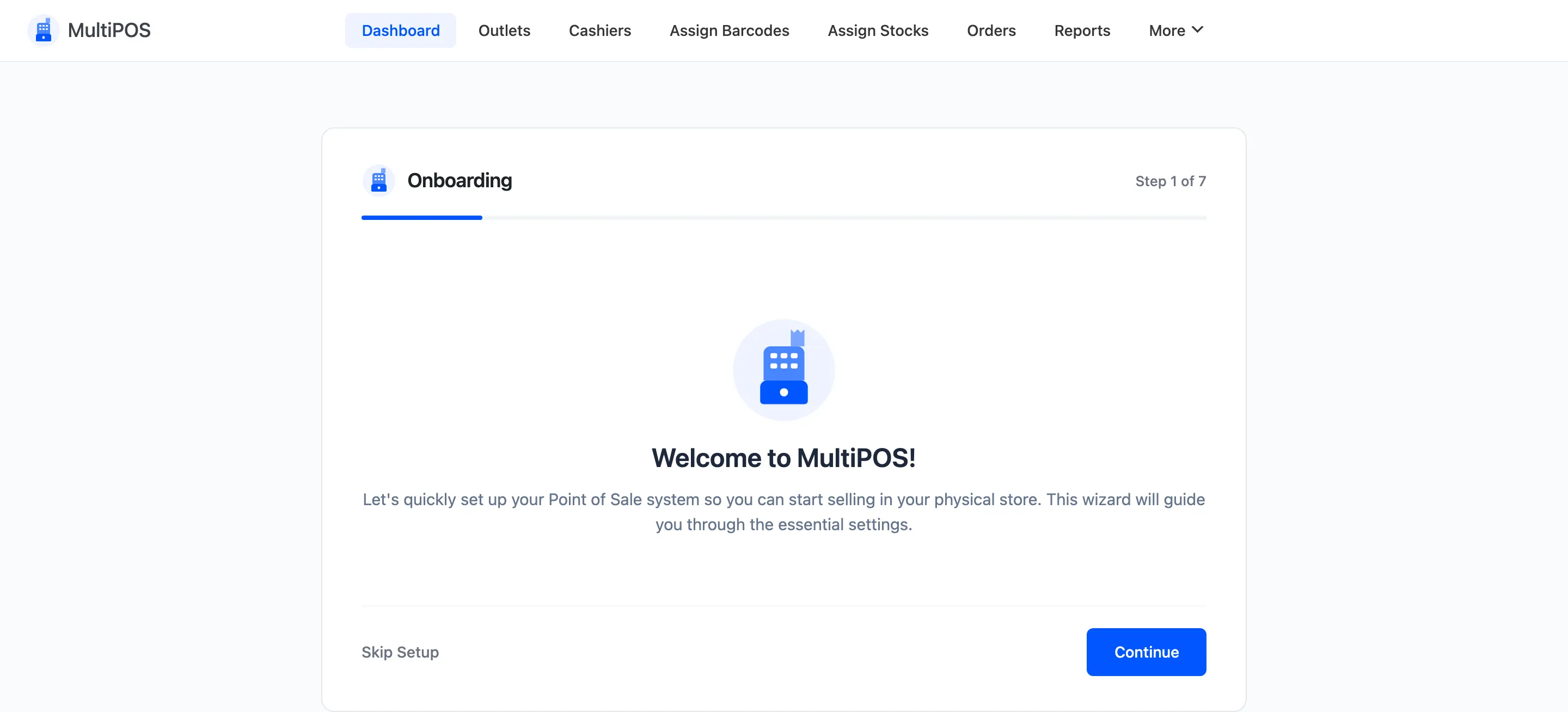 The MultiPOS setup wizard welcome step
