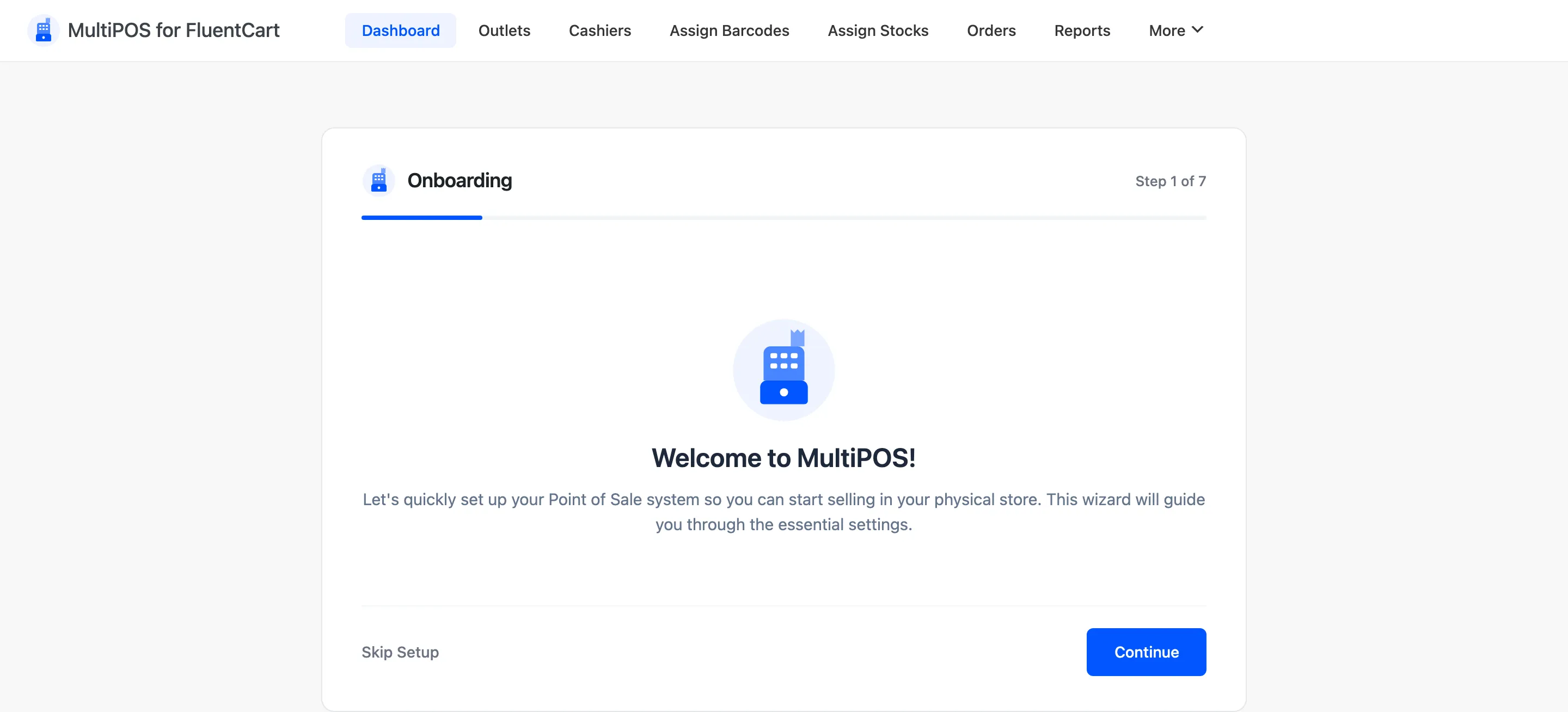The MultiPOS setup wizard welcome step
