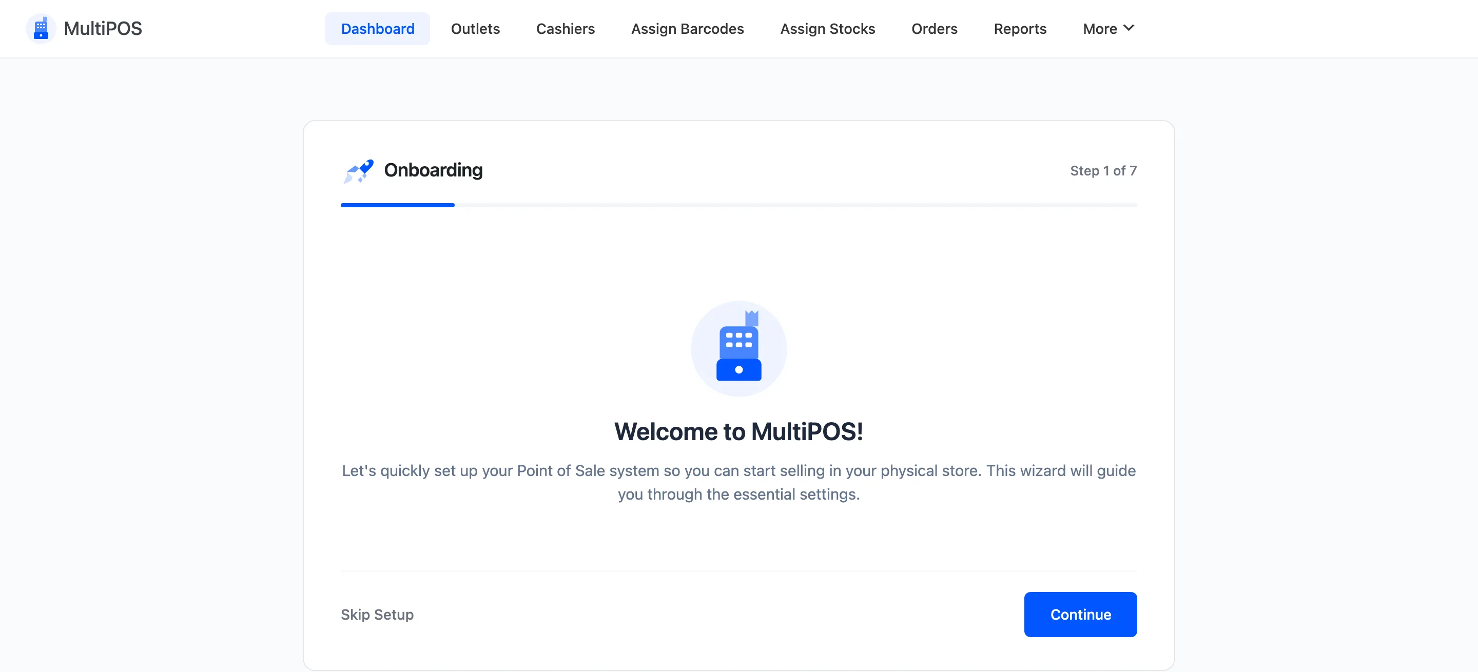 The MultiPOS setup wizard welcome step