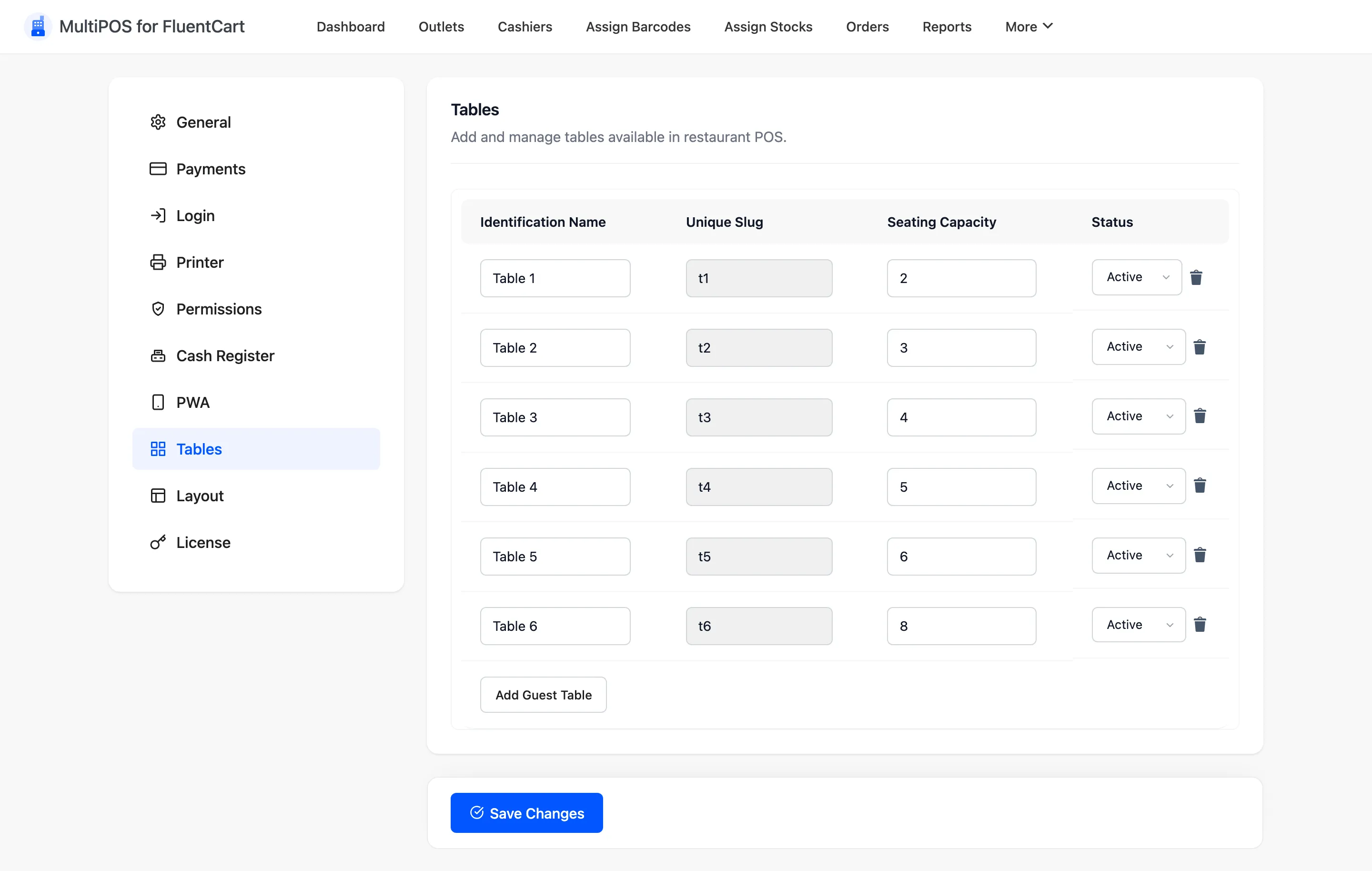 The Tables configuration tab with a row per dining table