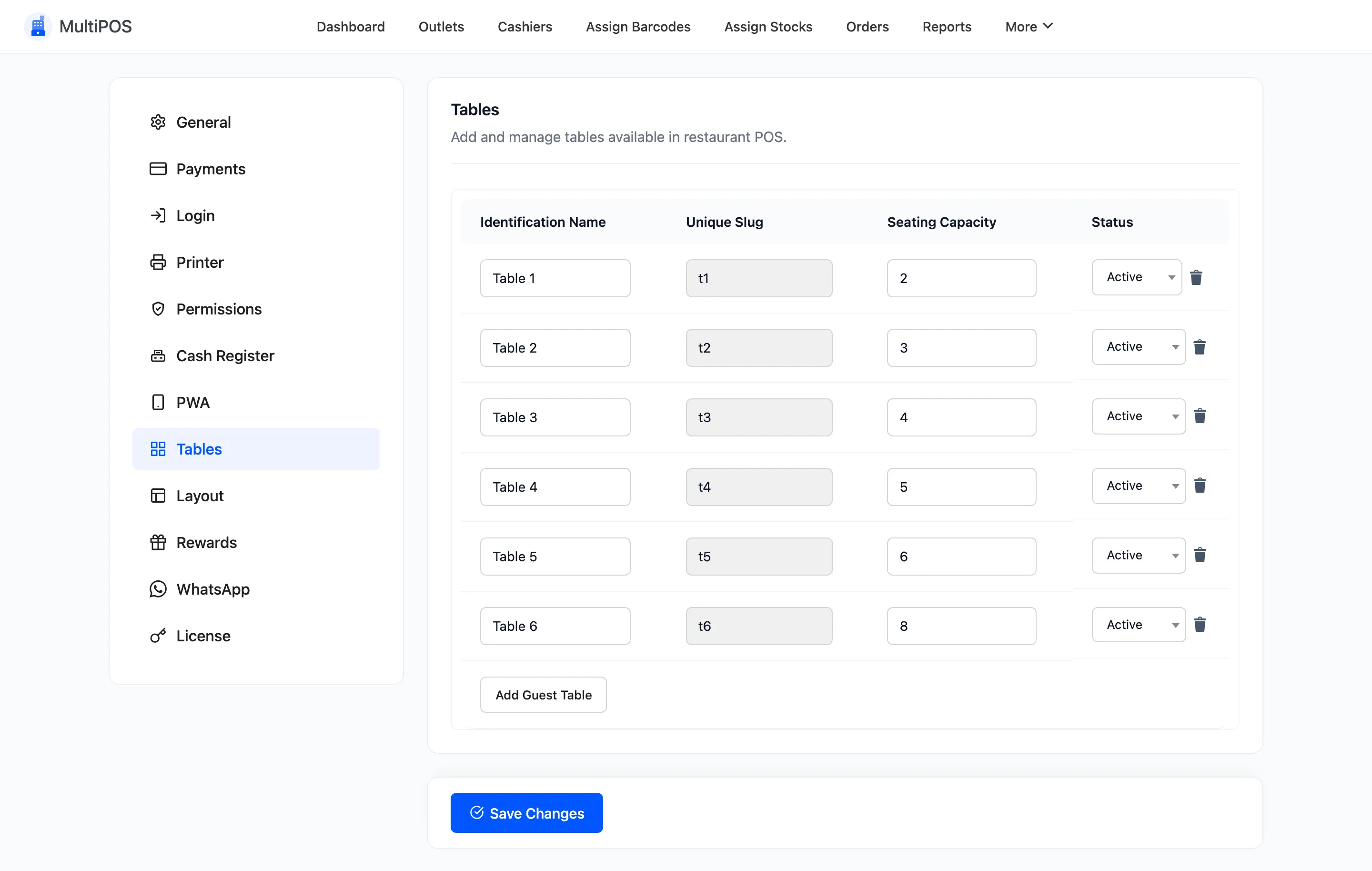 The Tables configuration tab with a row per dining table